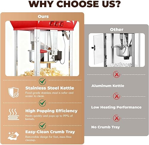 Miniatura 6 de Máquina comercial de palomitas de maíz, hervidor de 12 onzas, 850 W, máquina de palomitas de maíz de cine, máquina de maíz de mesa roja con control