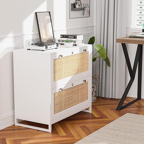 Miniatura 8 de VINGLI Archivador lateral de ratán blanco y natural con 2 cajones con cerradura, archivadores de madera con bloqueo para oficina en casa, gabinete