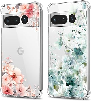 for Google Pixel 7 Pro Case 2 Pack, Floral Print Clear TPU Shockproof Cover, Reinforced Corners, Slim Elegant Lightweight Design, Precise Camera Cutout Pink Cherry & Mint Floral