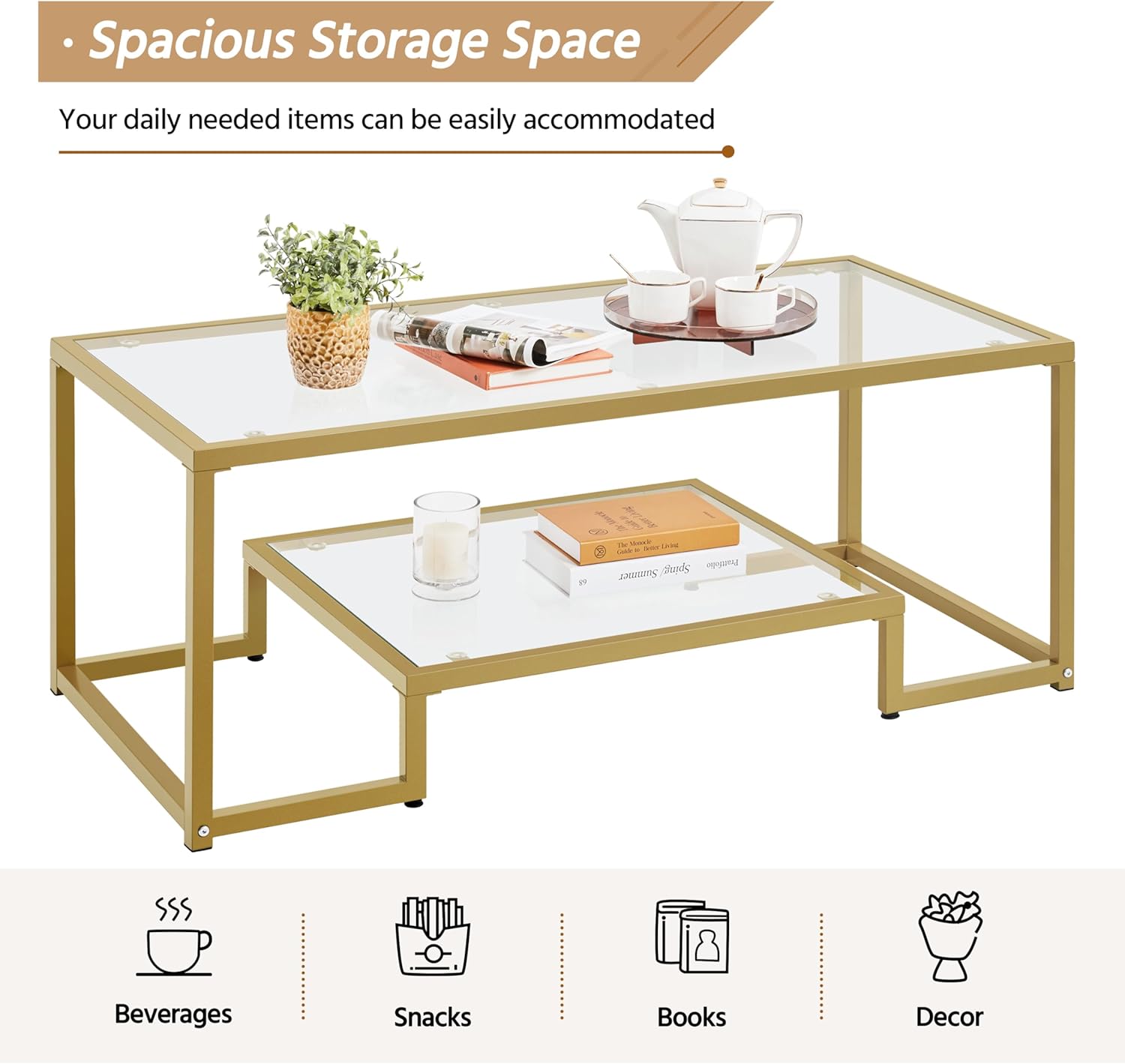 Topeakmart Glass Coffee Table, Rectangular Coffee Table with Glass-Top, Simple Center Coffee Tables with Metal Frame & 2 Shelves for Living Room Home Office, Gold