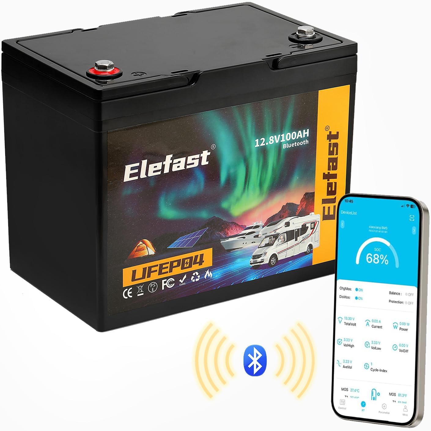 Elefast Lifepo4 Battery 100AH,12V Lithium Battery Built-in 100A BMS,Up to 15000 Deep Cycle Marine Battery 12V,Perfect for RV,Marine/Trolling Motors,Boat,Travel Trailer,Home Energy Storage (Group 24)