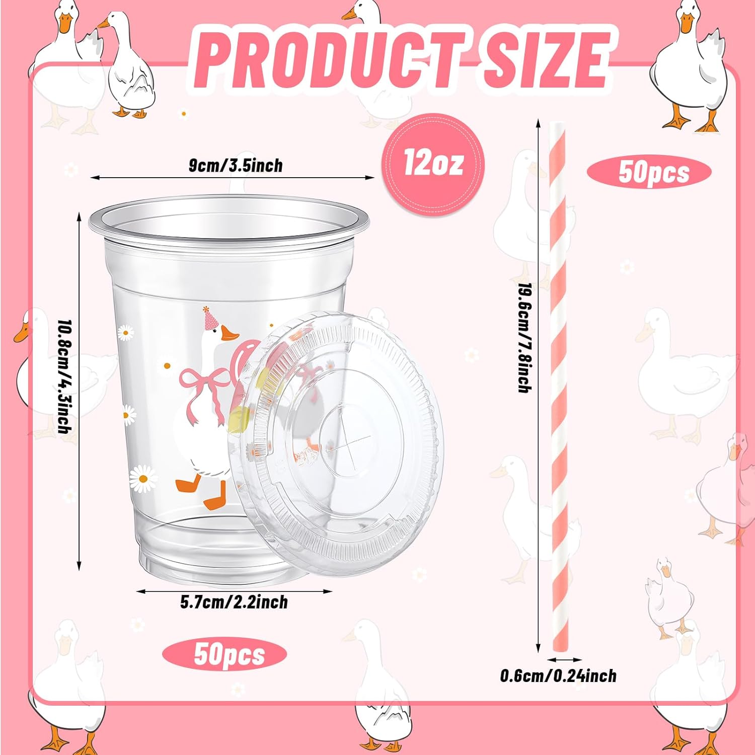 Jingmore 50 Sets Silly Goose Bow Disposable Cups for Baby Shower with Lids and Straws Plastic 12 oz Cute Bowknot Goose Cold Beverage Drinking Cups for Birthday Party Decorations Supplies(Pink)