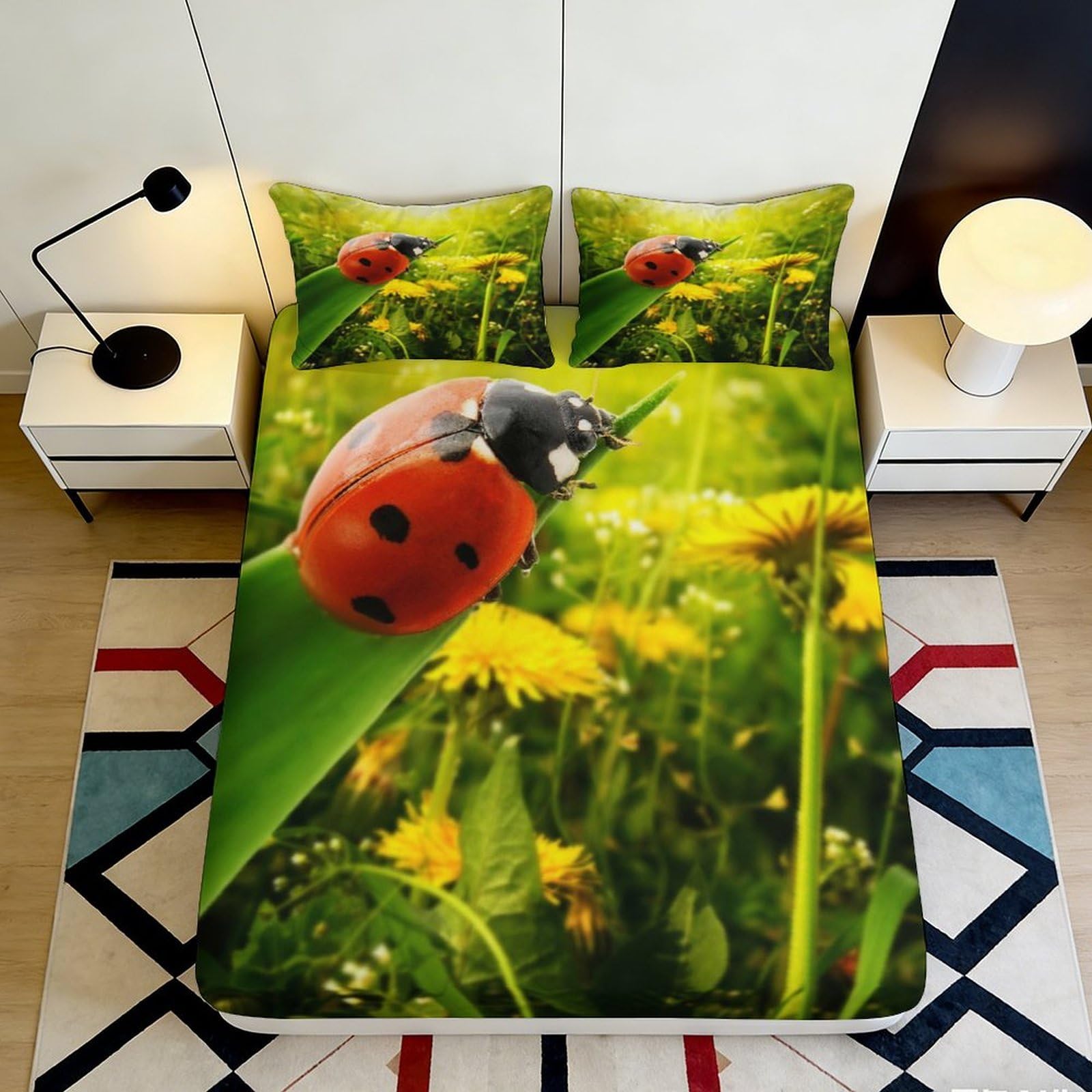 3D Printed Ladybug Floral Fitted Sheet Microfiber Deep Pocket Non-Slip Bedding Ladybug Mattress Fitted Cover Washable Adult Teen 160x200x25cm