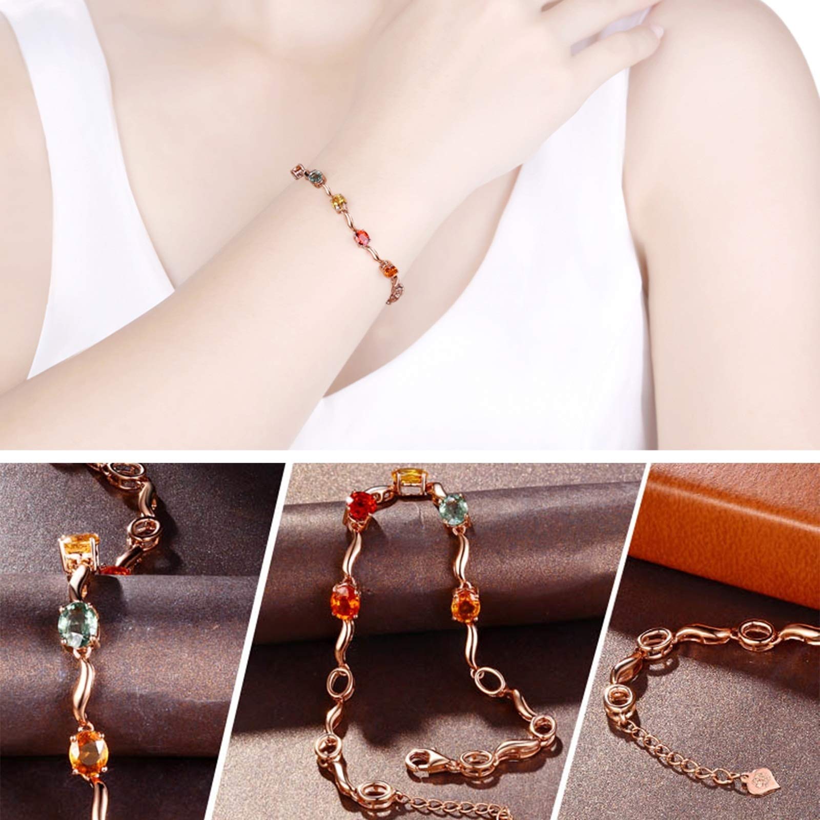 ZH1YFD Pulseras para Mujer de Oro Rosa de 18 Quilates, eslabones de Barra con Pulsera de Zafiro Multicolor de 3,5 Quilates en joyería para Mujer 17+2 CM