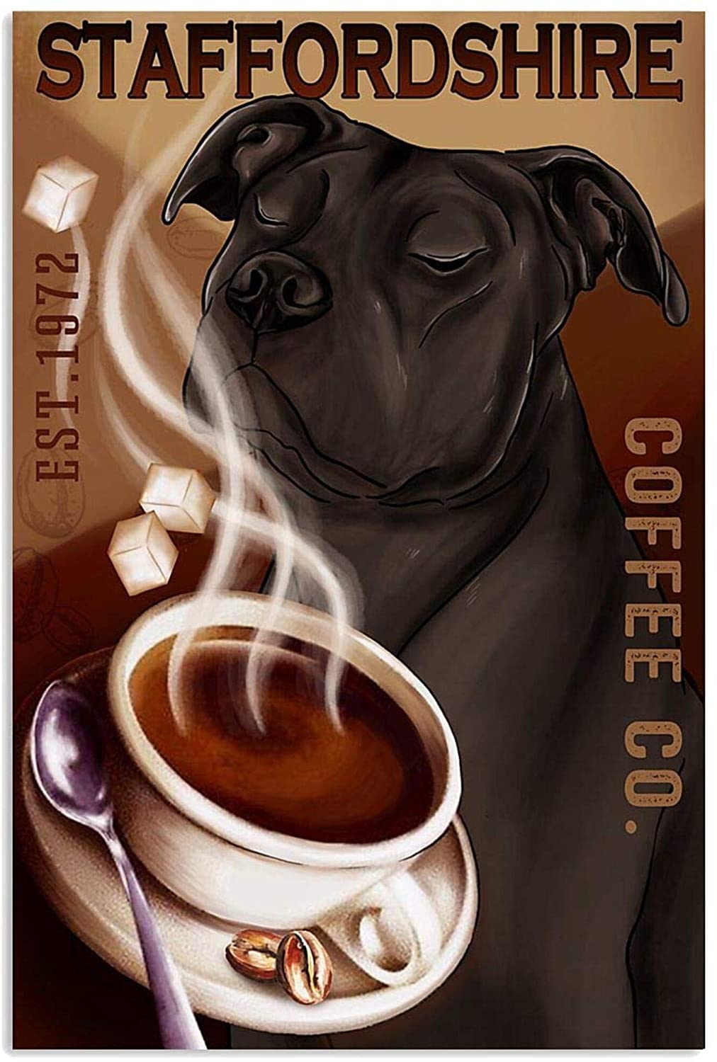 peiyeety Metal Tin Sign Vintage Staffordshire Dog Coffee Art, Retro Coffee Themed Wall Decor, Funny Pet Metal Art for Kitchen, Dining Room, Bar, Cafe,12x16 Inch