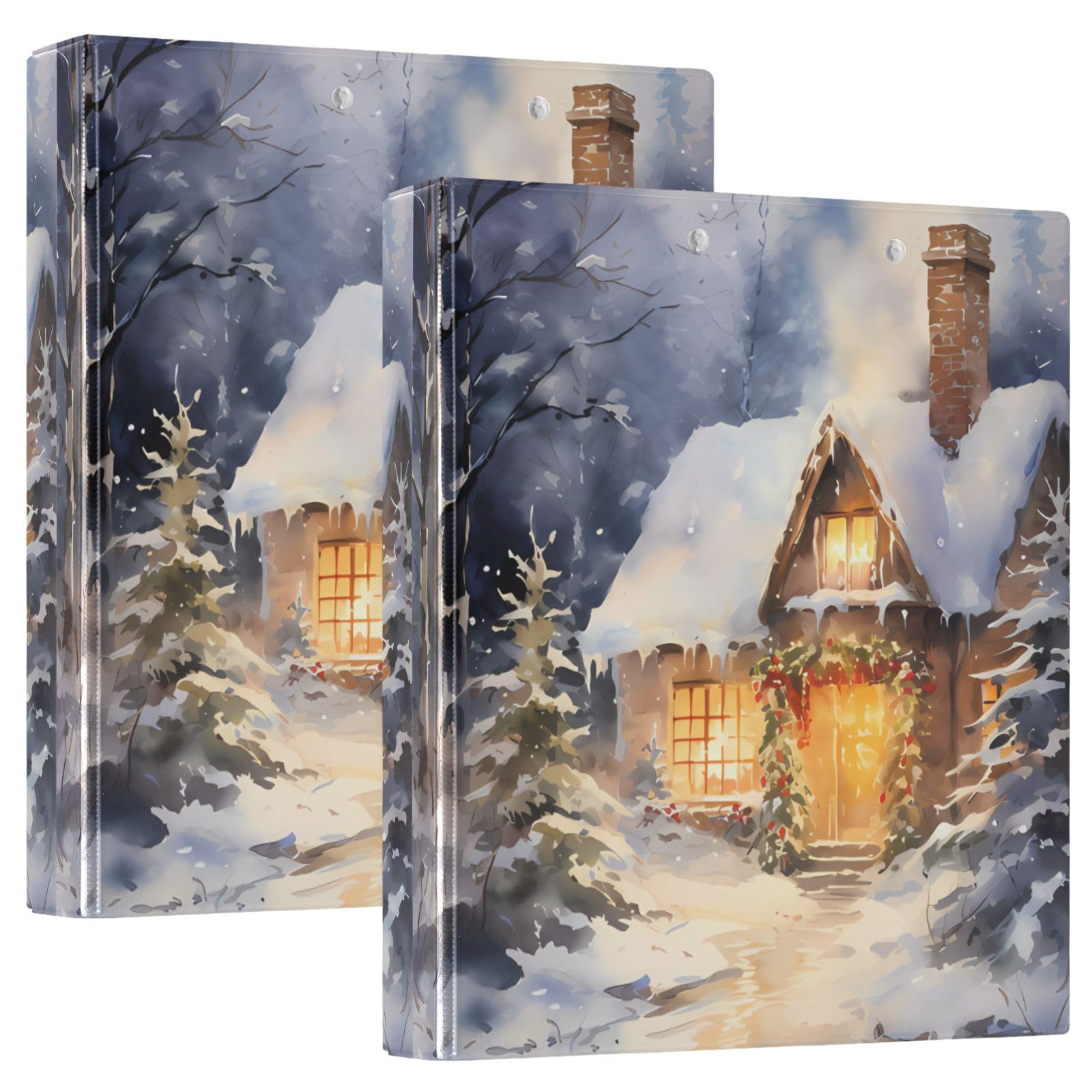 Raccoglitore a 3 anelli Winter Snow Cabin, 3,8 cm, rotondo, contiene 200 fogli con 3 tasche interne in PVC trasparente, per scuola e ufficio