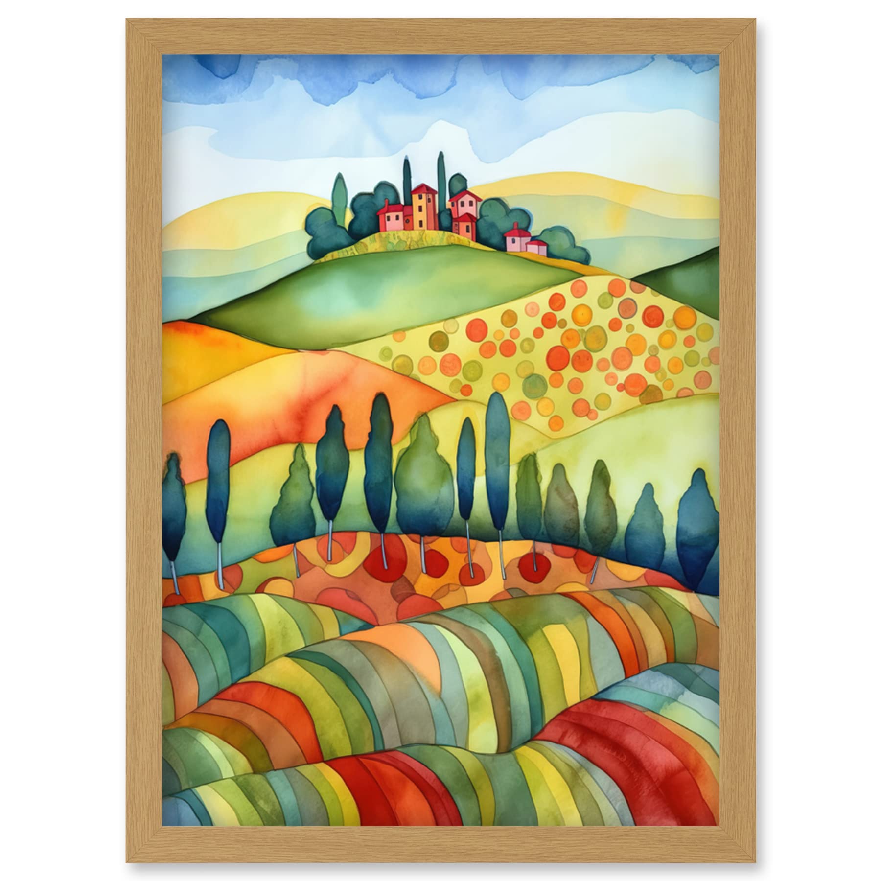 Artery8 Landscape Of Tuscany House On The Hill Folk Art Artwork Framed Wall Art Print A4