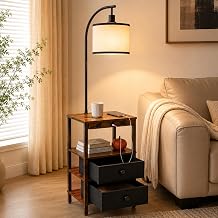 Kalamera Floor Lamp with Table Shelves Drawers and Charging Station