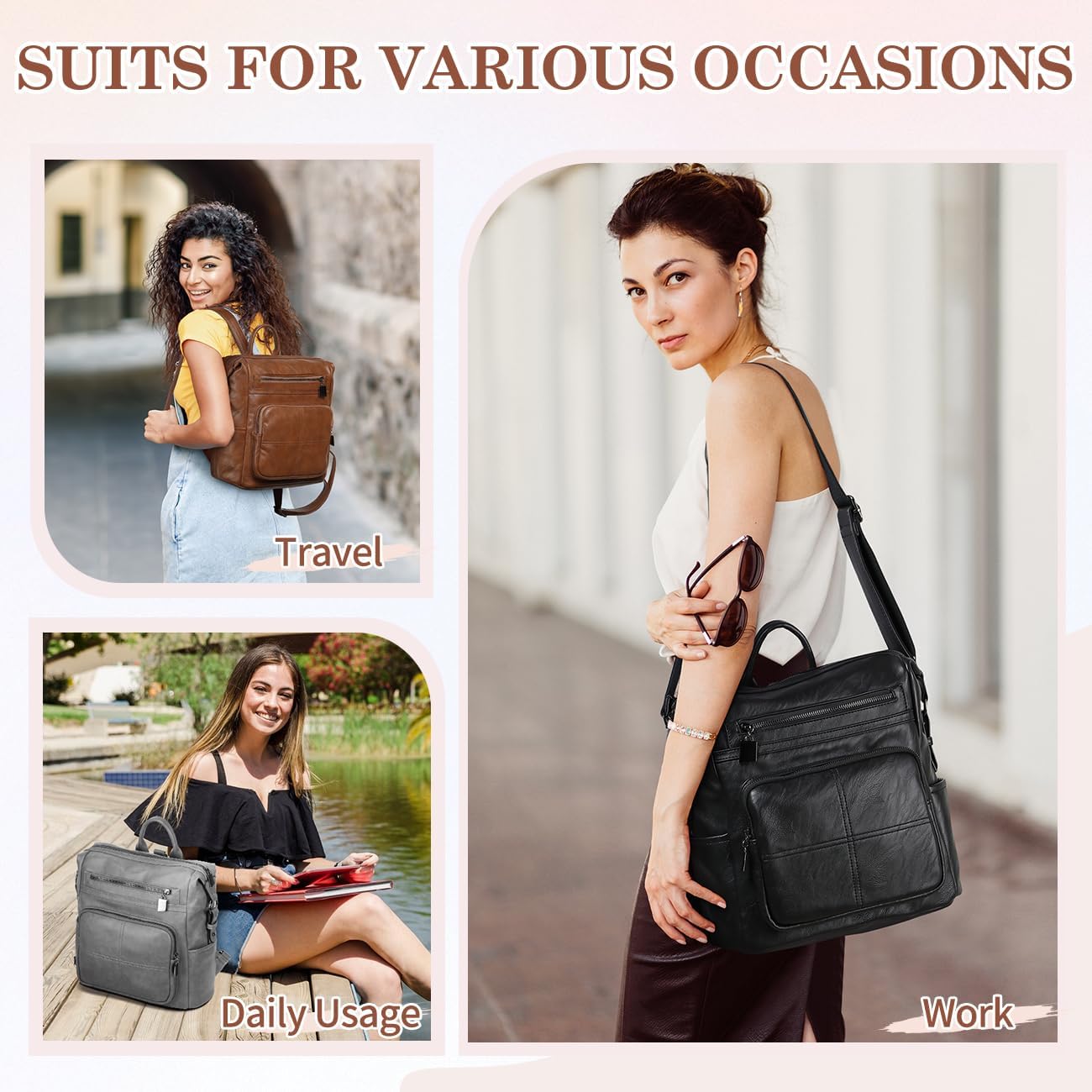 VASCHY Backpack Purse for Women,Fashion Convertible Vegan Leather Shoulder Bags Handbags for Work/Travel/Ladies/College Gray - Image 7