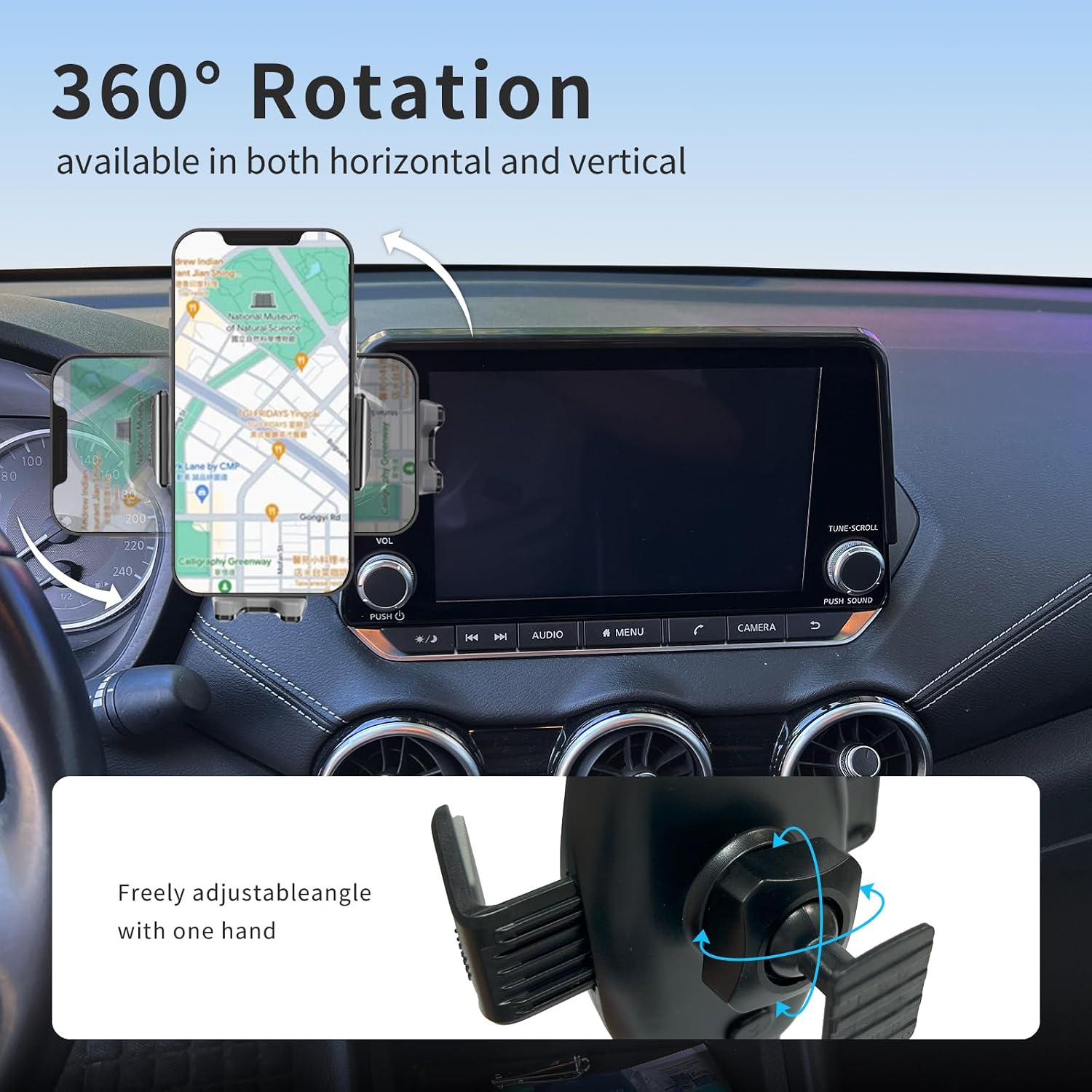 Phone Holder Accessories for Nissan Altima 2019-2025 8-inch Screen Fixed Clip Vehicle-Specific Phone Mount 360° Rotation Dashboard Bracket Stand Compatible with 4.0-6.8 iPhones/Androids Smartphones