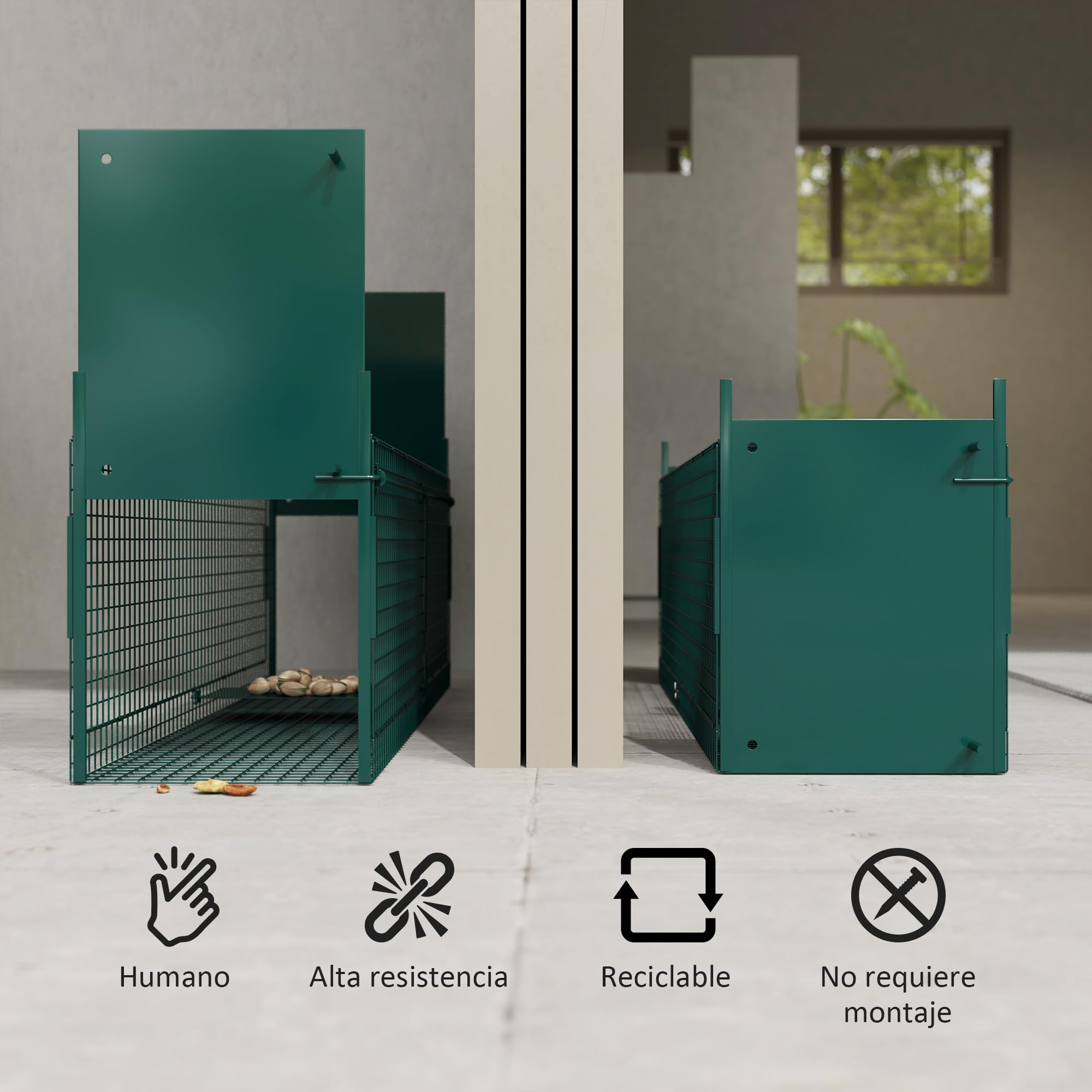 PawHut Trampa para Animales Vivos Jaula de Captura Metálica con 2 Puertas Asa para Conejos Visones Zorros Pequeños 100x25x28 cm Verde Oscuro