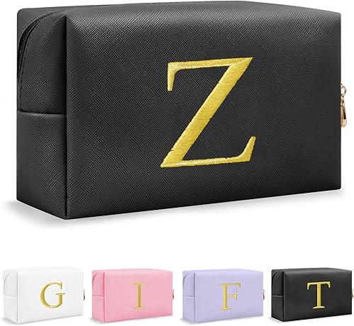 Miniatura 52 de Bolsa de Maquillaje con Inicial de Regalo Personalizado, Bolsa de Cosméticos Preppy con Letra Bordada Dorada, Rellenos de Calcetín para Chicas Blanco