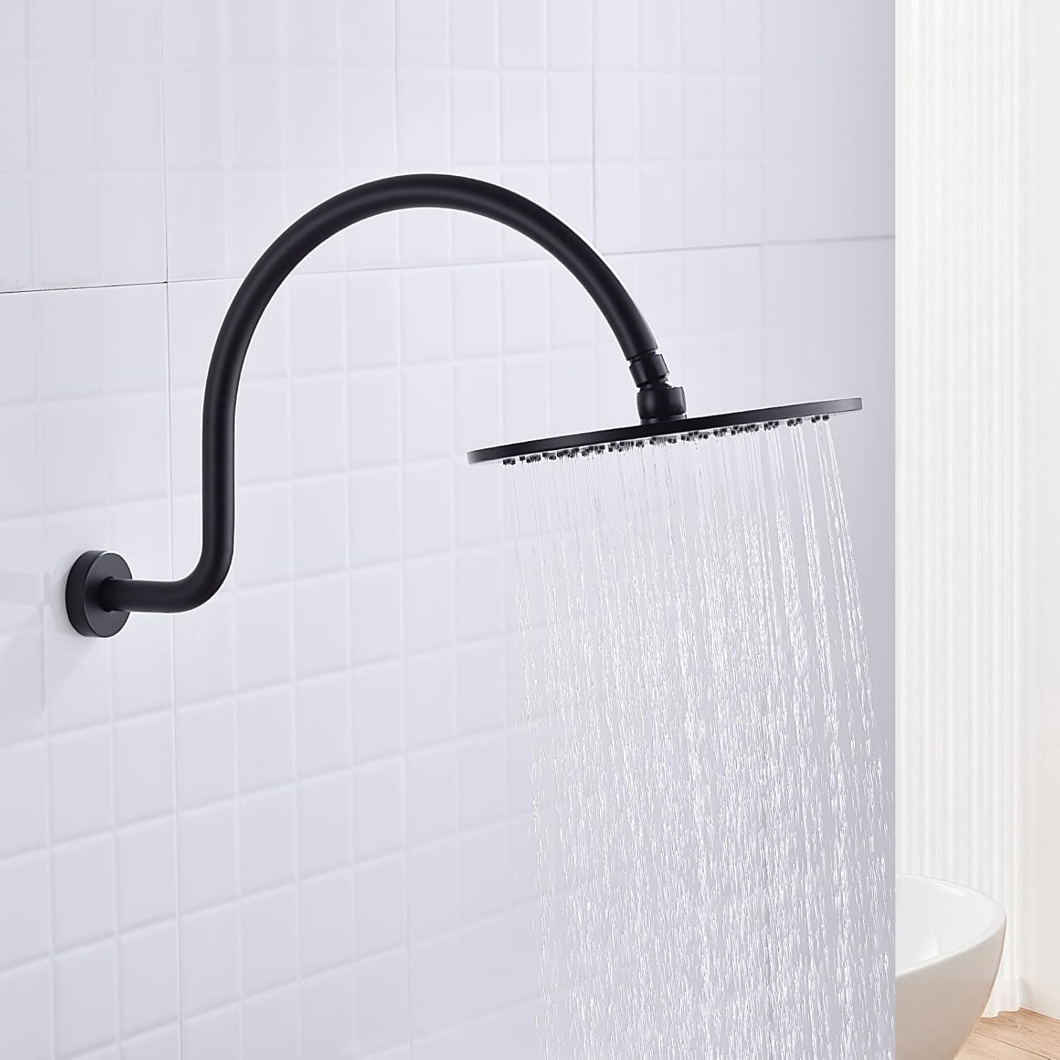 Matte Black 17 Inch Shower Arm with Flange Solid Stainless Steel Shower Head Extension Arm High Arc Long Extender Pipe Water Outlet Wall Mounted Replacement