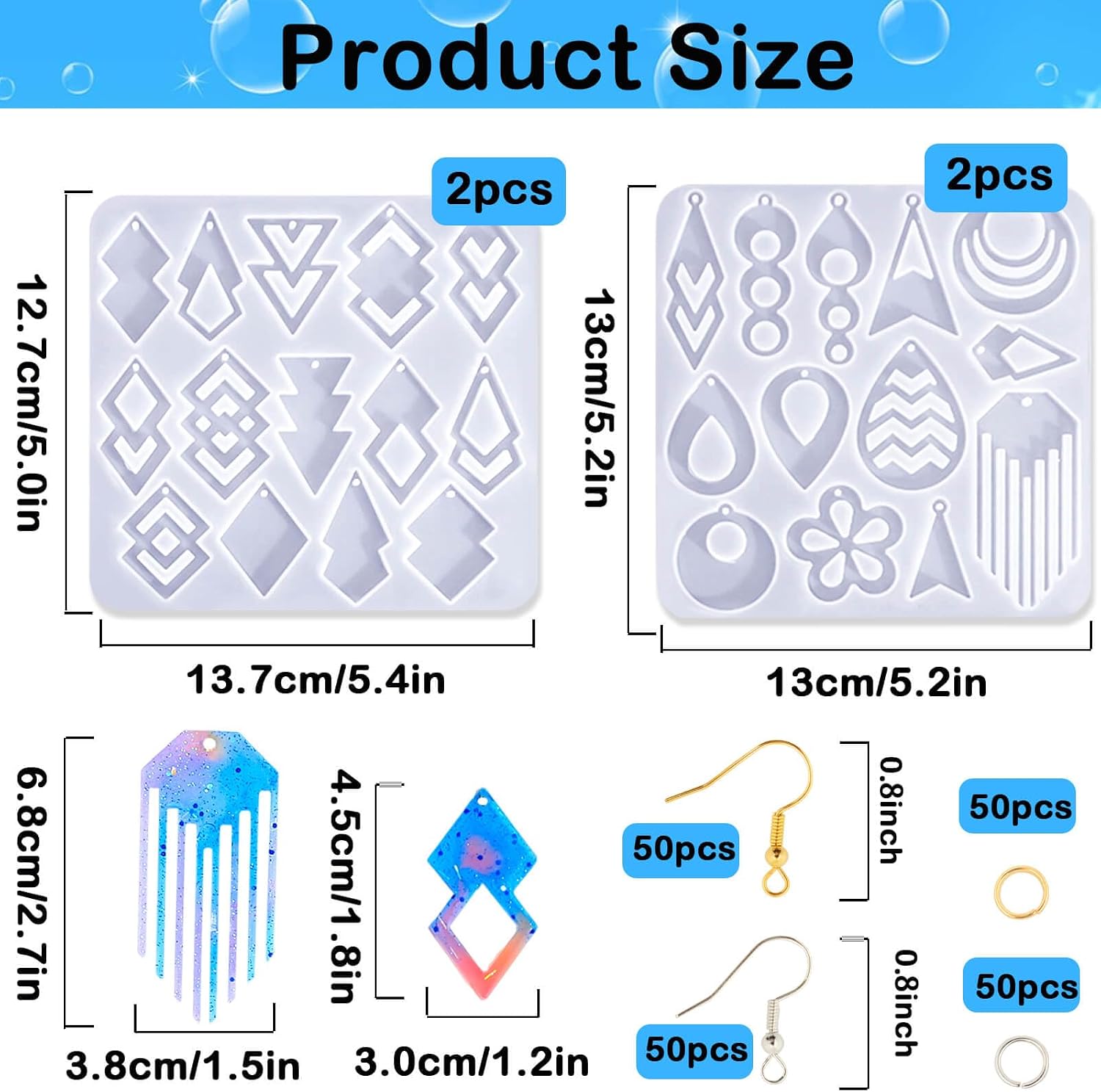204Pcs Geometric Resin Earring Mold Kit - 4 Reusable Dual-Cavity Silicone Earring Molds for Epoxy Resin Jewelry Making with 200 Ear Hooks Jump Rings - Make Dangle Drop Charms, Keychains, Pendants