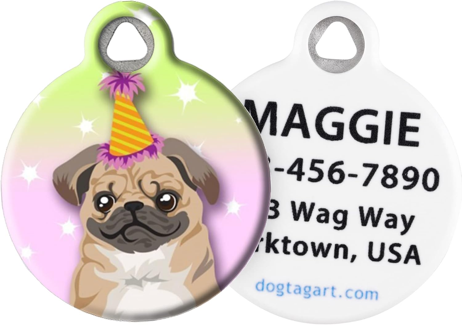 Cute Birthday Pug Pet Tag | Party Dog Design | Personalized Silent ID Tag for Dogs | Polymer Coated Stainless Steel | Small 7/8"