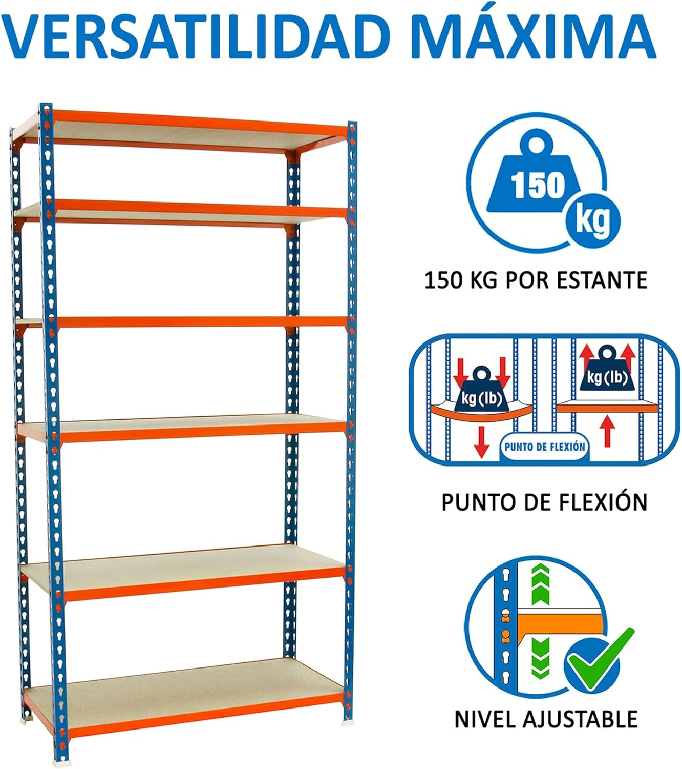 Simon Rack Metal Shelf, 2500x900x300 mm, 6 Heights, Wood Tray, 150 kg Flex Point, Storage Shelf, Blue/Orange/Wood - Maderclick
