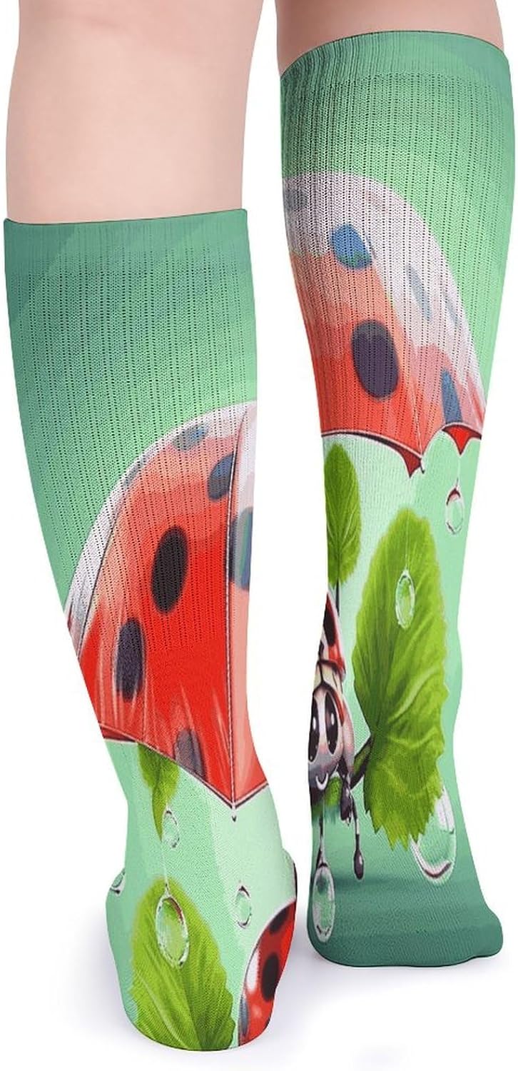 Funny Ladybug Holding Umbrellas Knee High Socks Cozy Knee High Socks Soft Mid-Length Sock for All Seasons Daily Wear Adult