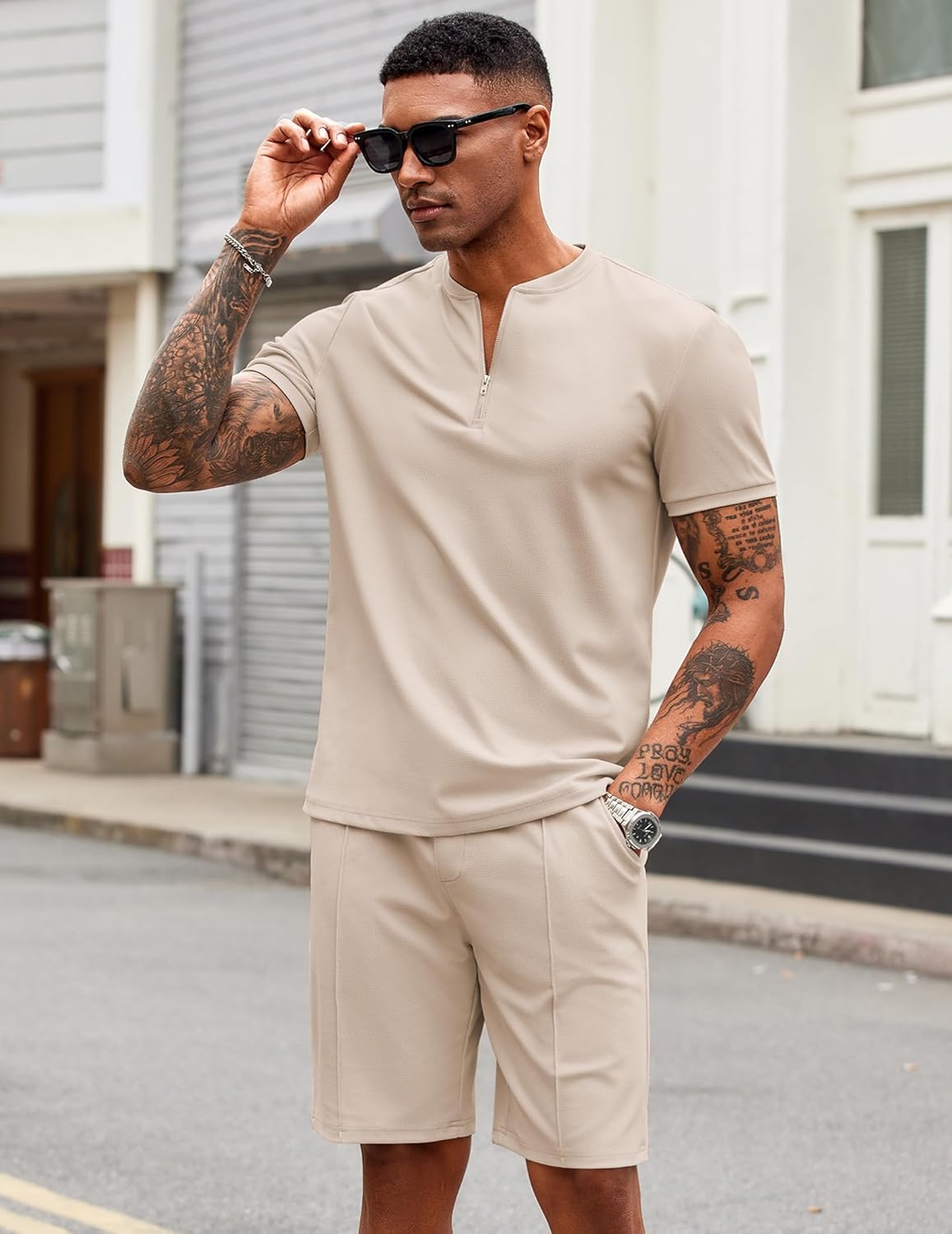 COOFANDY Men's 2 Pieces Outfits Casual Quarter Zip Polo T Shirt and Shorts Set Athletic Jogging Summer Tracksuit - Image 3