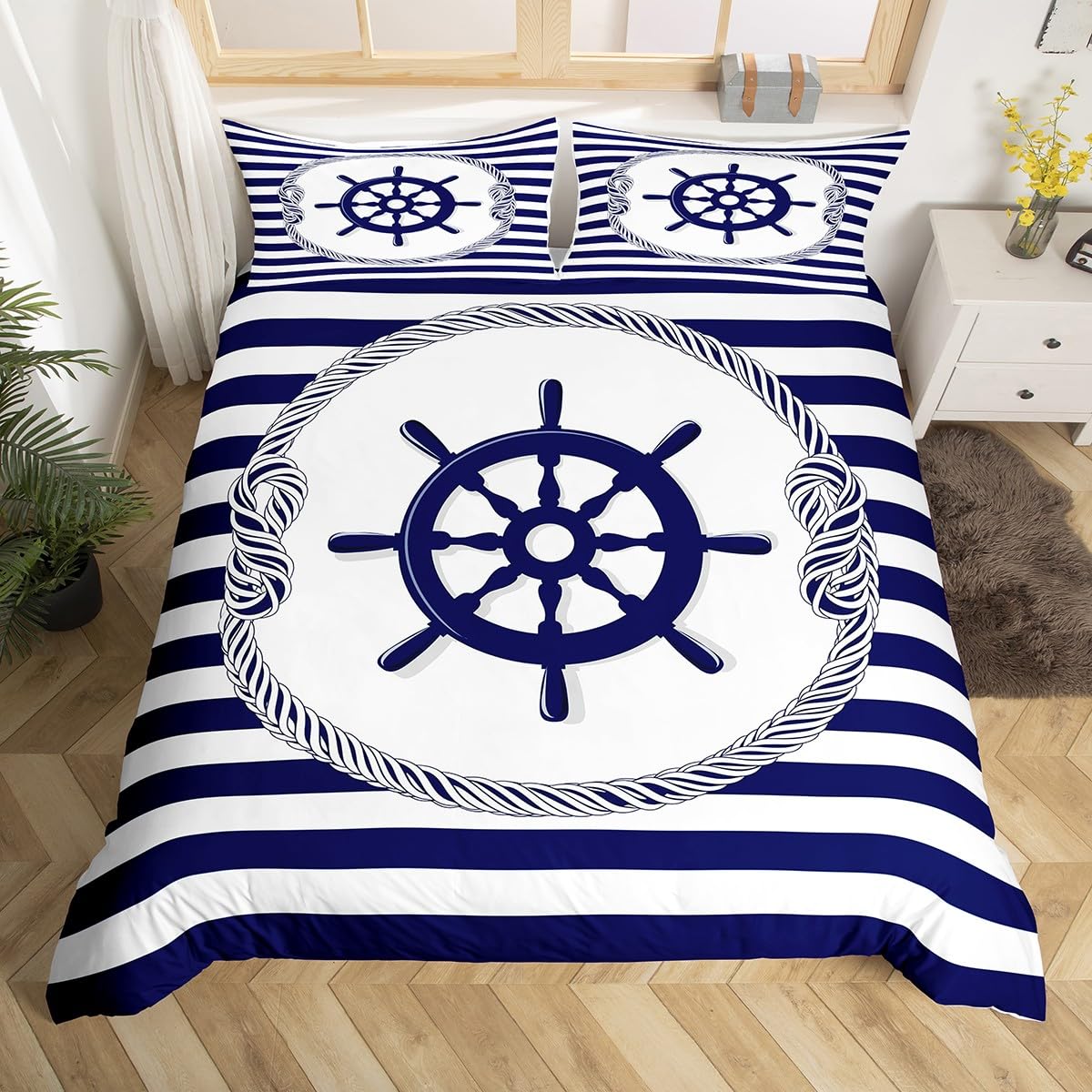 Loussiesd Navigation Sail Adventure Duvet Cover Single Blue And White Striped Bedding Wheel Bedding Teen Boys And Girls Ocean Style Retro Bedding โ image 1