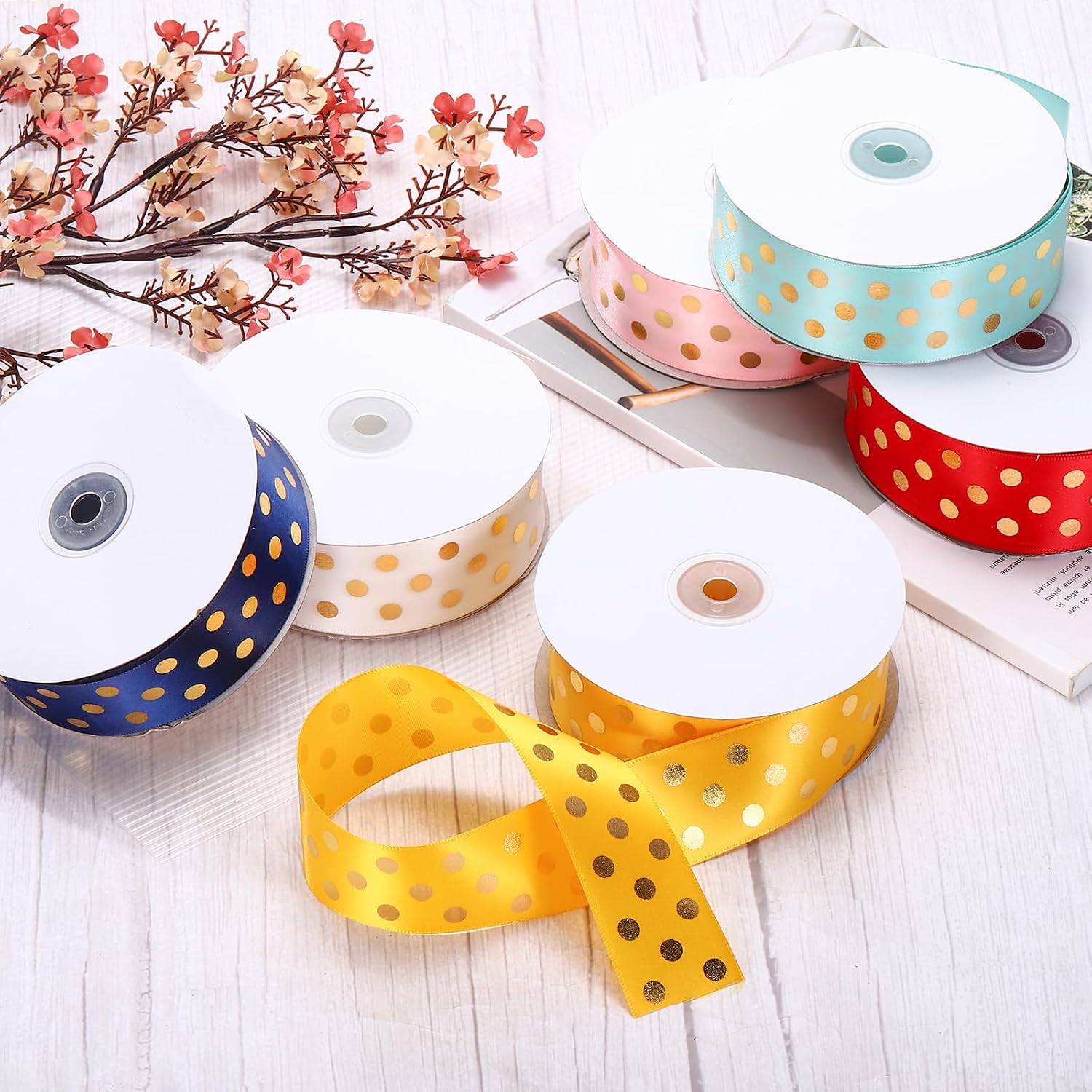 MECCANIXITY Polka Dots Grosgrain Ribbon 50 Yards 1-1/2 Inch White with Gold Dots Polka Dots Ribbon Bow Decoration for Crafts Gift Wrapping Wedding DIY Handmade