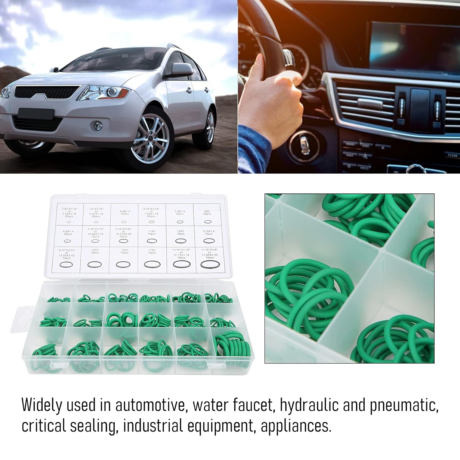 A/C Seals Set 270pcs 18 Sizes Green O Kit for Car Conditioning Faucet Hydraulic Systems and Industrial Equipment