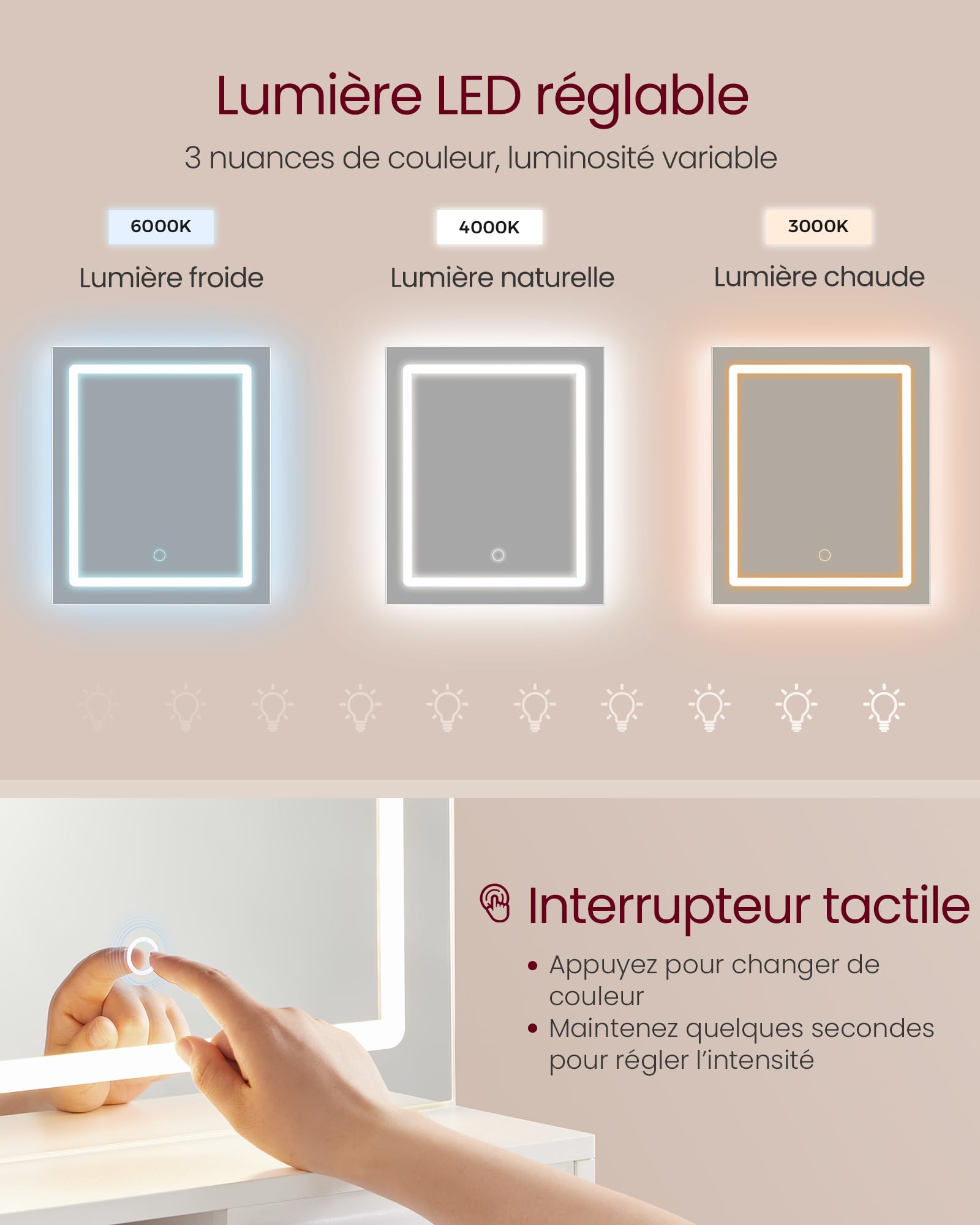 VASAGLE Kailyn Collection - Coiffeuse avec Miroir LED et Tabouret, avec Multiprise, Compartiment avec 2 Étagères Réglables, 1 Tiroir, 2 Étagères, Coin Beauté, Moderne, Blanc RDT738W01
