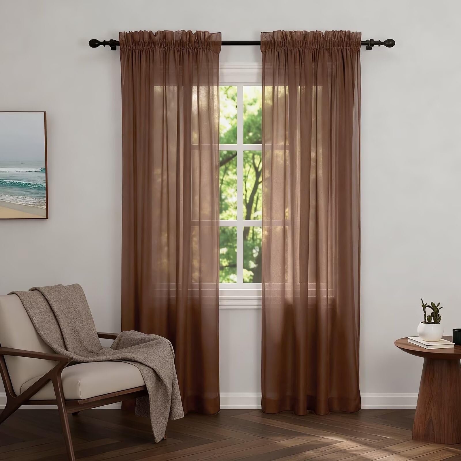 Zdada Net Curtains for Windows 84 Drop, Mocha Slot Top Voile Curtains, Semi Transparent Sheer Curtain Net Curtain Panel for Living Room Kitcken W60xL84 Inch,2 Panels