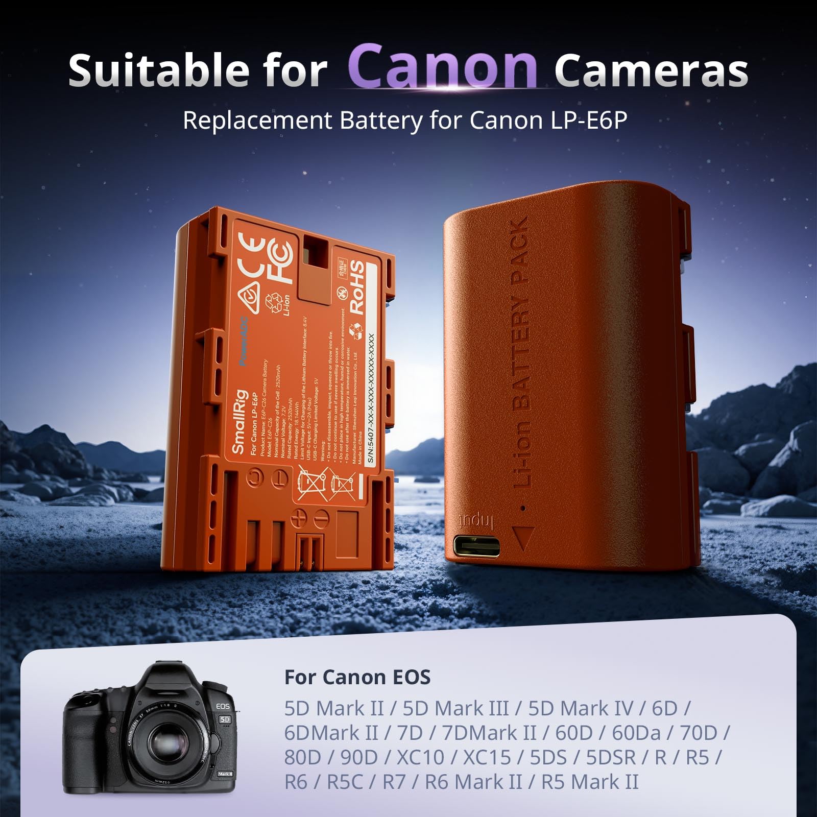 SMALLRIG LP-E6P Akku, 2520mAh Ersatz USB-C Akku für Canon EOS R5 Mark II, R6 Mark II R5, R6, R7, 5D Mark II, 5D Mark IV, 2,5H Schnelle Vollständige Ladung, Vollständig dekodiert für Canon Akku - 5407