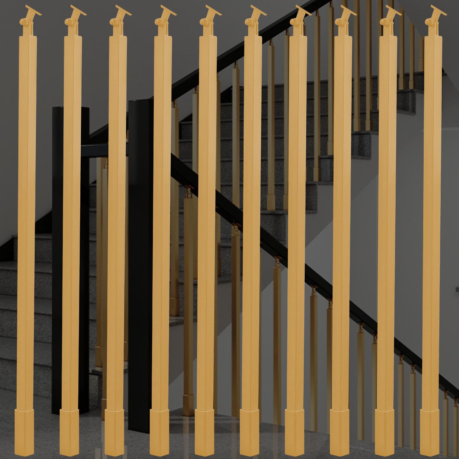 WLCGYD 30 36 42 48 51'' Metal Baluster Spindles, Interior Staircase Decks Banister Install Kit/Square Railing Post w/Bracket for Wooded Stairway Composite Steps(Gold10 pcs,30in/76.2cm)