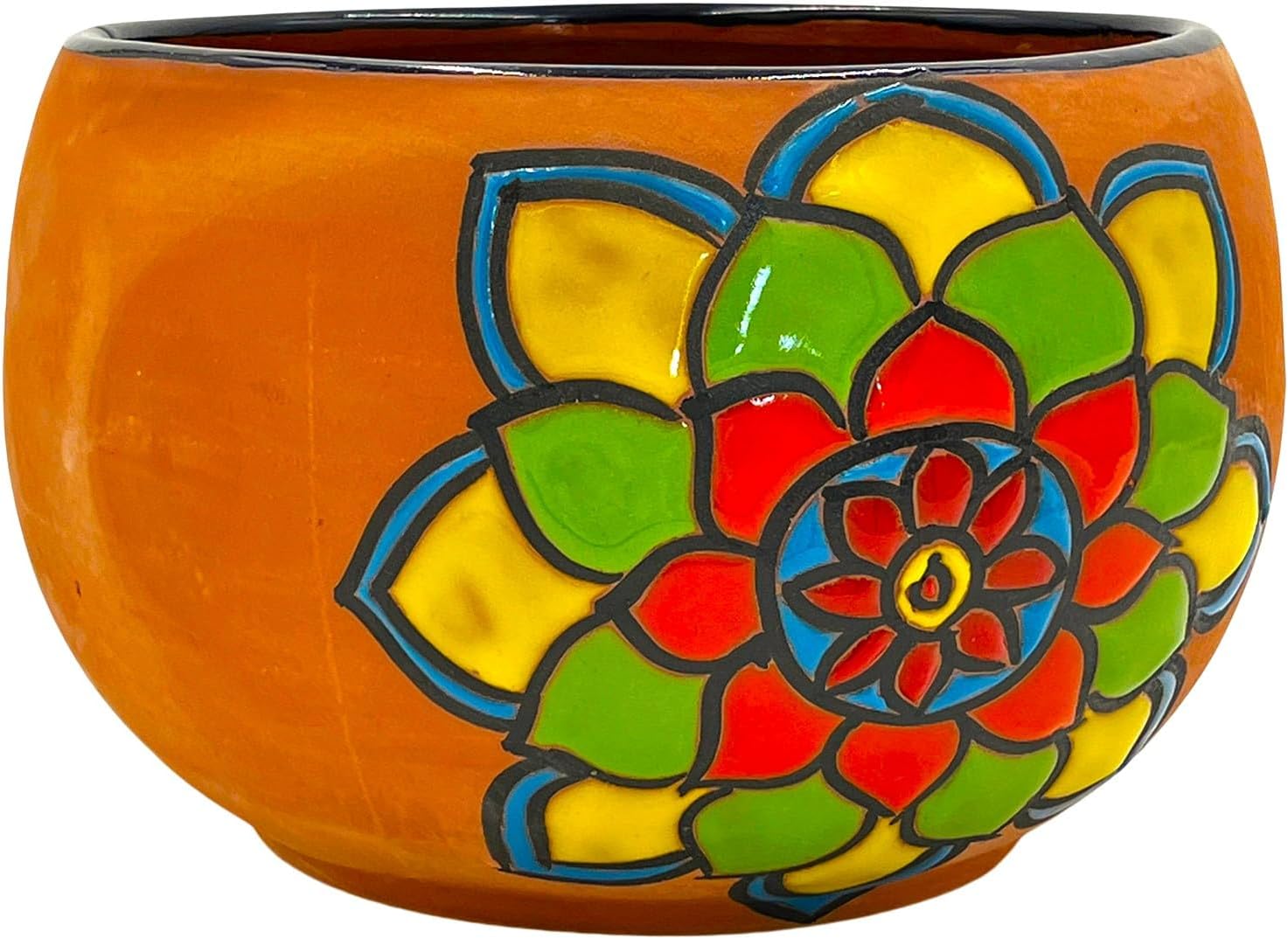 Cactus Canyon Ceramics Bule Mexican Talavera Terracotta Planter Pot (8.5" D x 8.5" W x 6" H) Hand Painted - Dark Blue Trim - Mexican Decor Planter