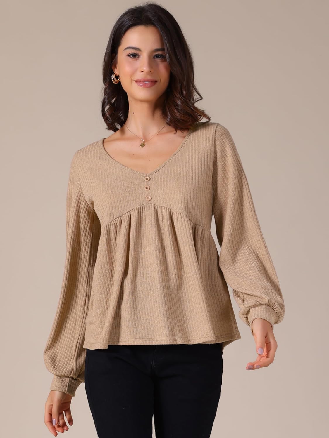 Allegra K Women's Knit Peplum Top V Neck Long Sleeve Ruffle Hem Pullover Sweater - Image 3