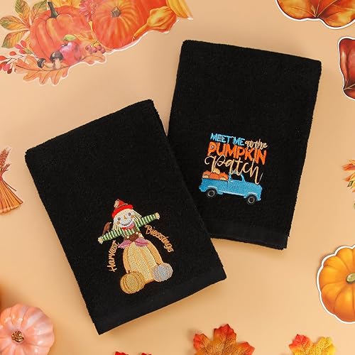 Miniatura 5 de Quera Paquete de 2 toallas de mano de otoño de Acción de Gracias, camión de espantapájaros, decoración de lujo de primera calidad, juego de platos