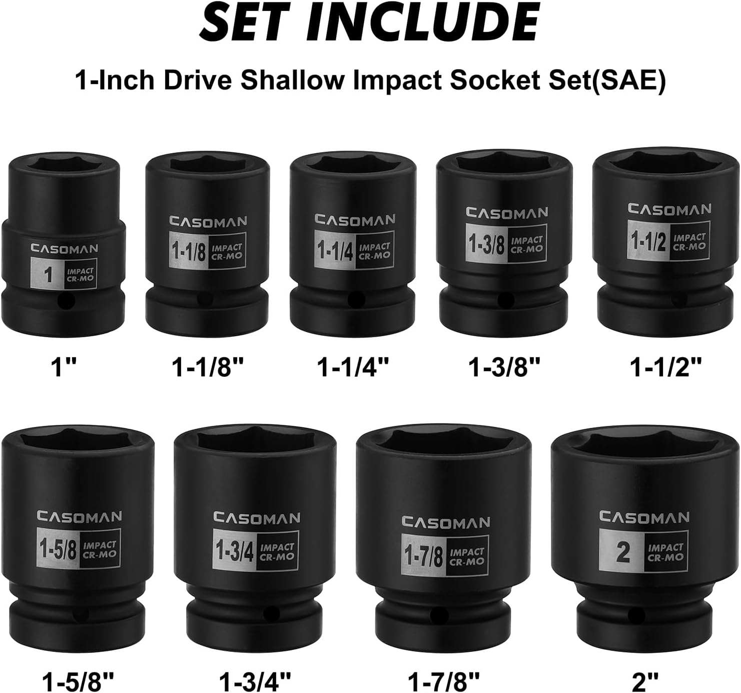 CASOMAN 1-Inch Drive Spindle Axle Nut Impact Socket Set, Shallow, 1" to 2", 9PCS Impact Large Socket Set, 6-Point, SAE, CR-MO
