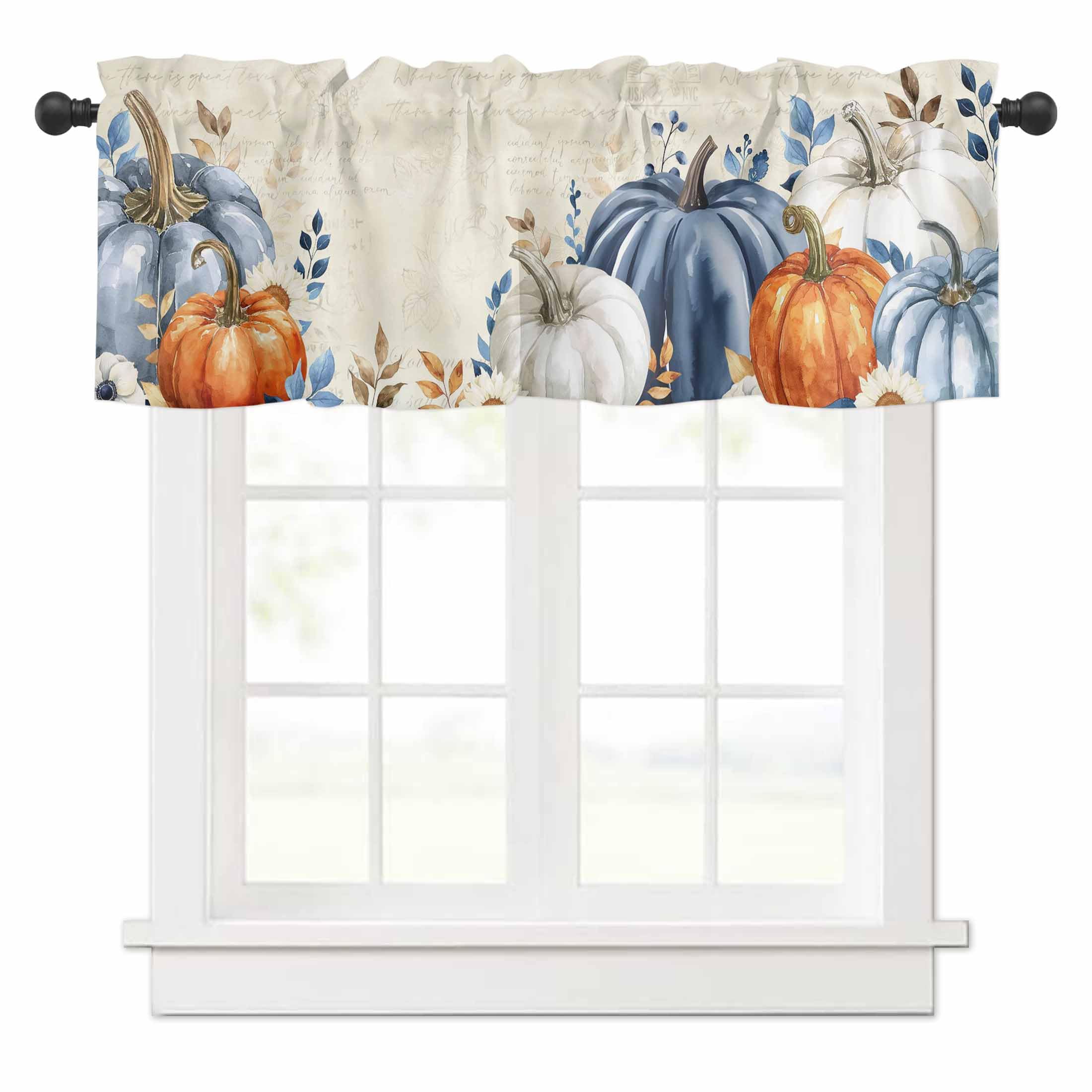 Fall Blue Pumpkin Valance Curtains for Kitchen Window 42x12 Inch,Thanksgiving Orange and White Pumpkin Rod Pocket Small Curtain for Living Room