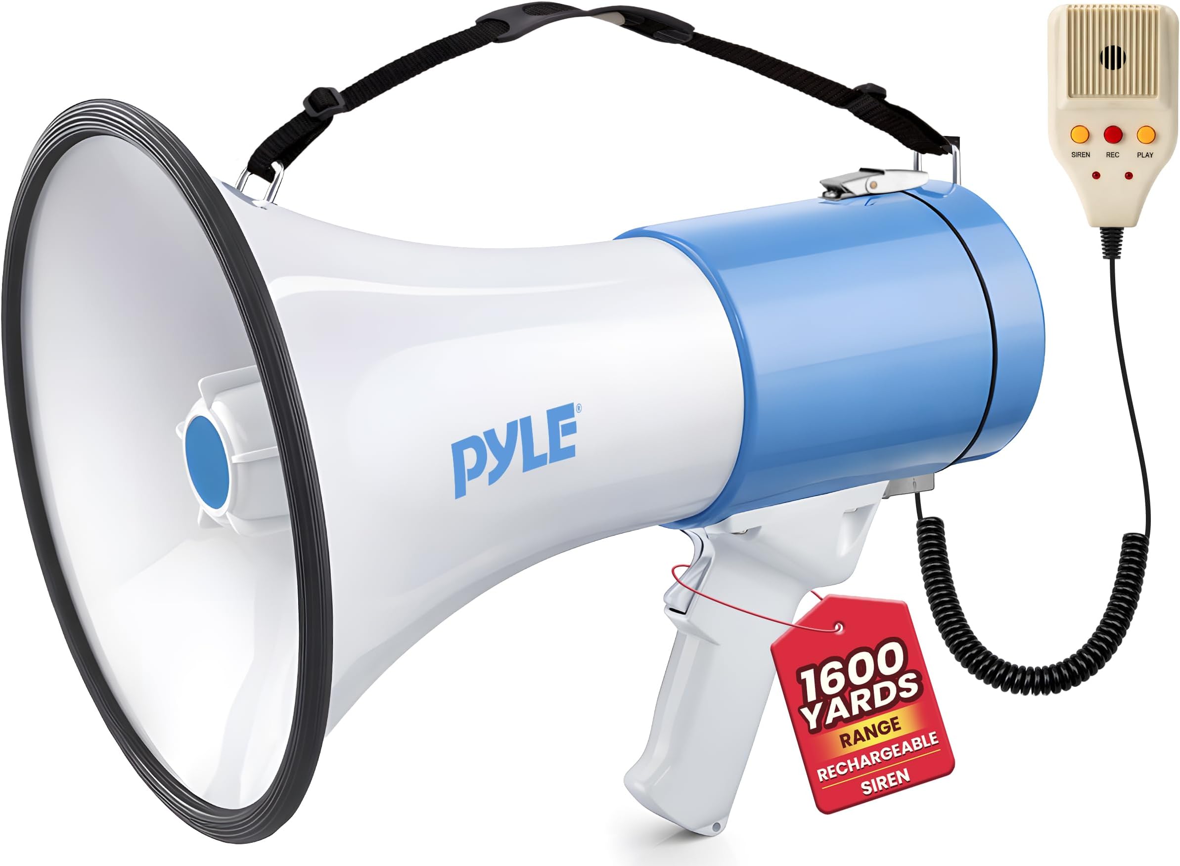 Pyle Megaphone PA Bullhorn Speaker - Built-in Siren 50 Watts Rechargeable Battery- 10 Sec Record Function for Football Baseball Basketball Cheerleading Fans Coaches or for Safety Drills