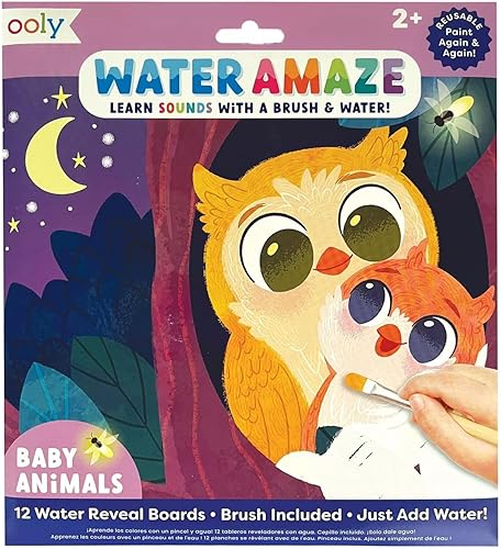 Ooly Water Amaze - Incluye 12 tableros de revelación y cepillo, almohadillas de revelación de agua reutilizables para niños, libros para colorear al