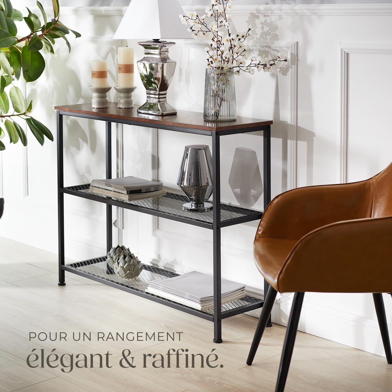 tectake® Console Meuble Bristol 100 x 30 x 81 cm, Style Industriel linéaire Cadre en Acier Robuste, Console Entree Meuble d'Entrée Couloir Salon Bureau, Décoration Maison, Couleur Bois Foncé