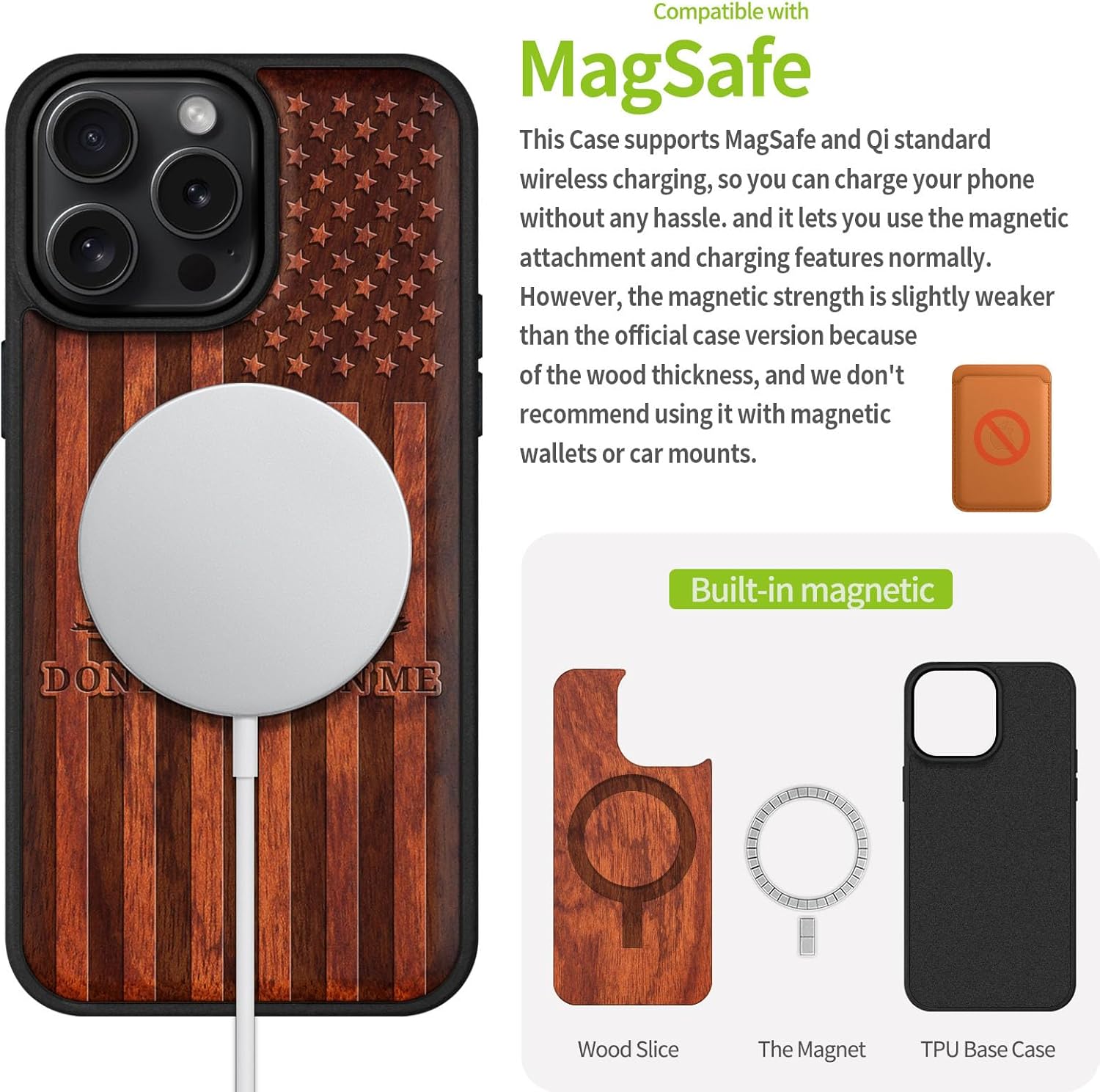 Carveit Magnetic Wooden Case for iPhone 16 Pro Max Case, Wood Artisan Engraved & Black Soft TPU Shockproof Cover, Compatible with MagSafe Wireless Chargers, (Gadsden & American Flag) Rosy