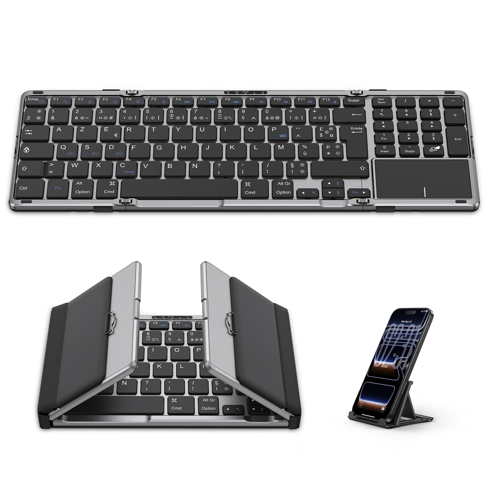 OMOTON Clavier Bluetooth Pliable AZERTY Pavé Tactile & Numérique Portable | Pleine Taille, Rechargeable, 3 Appareils Bluetooth, Support intégré, Compatible avec PC Tablette iPad Windows Mac Android