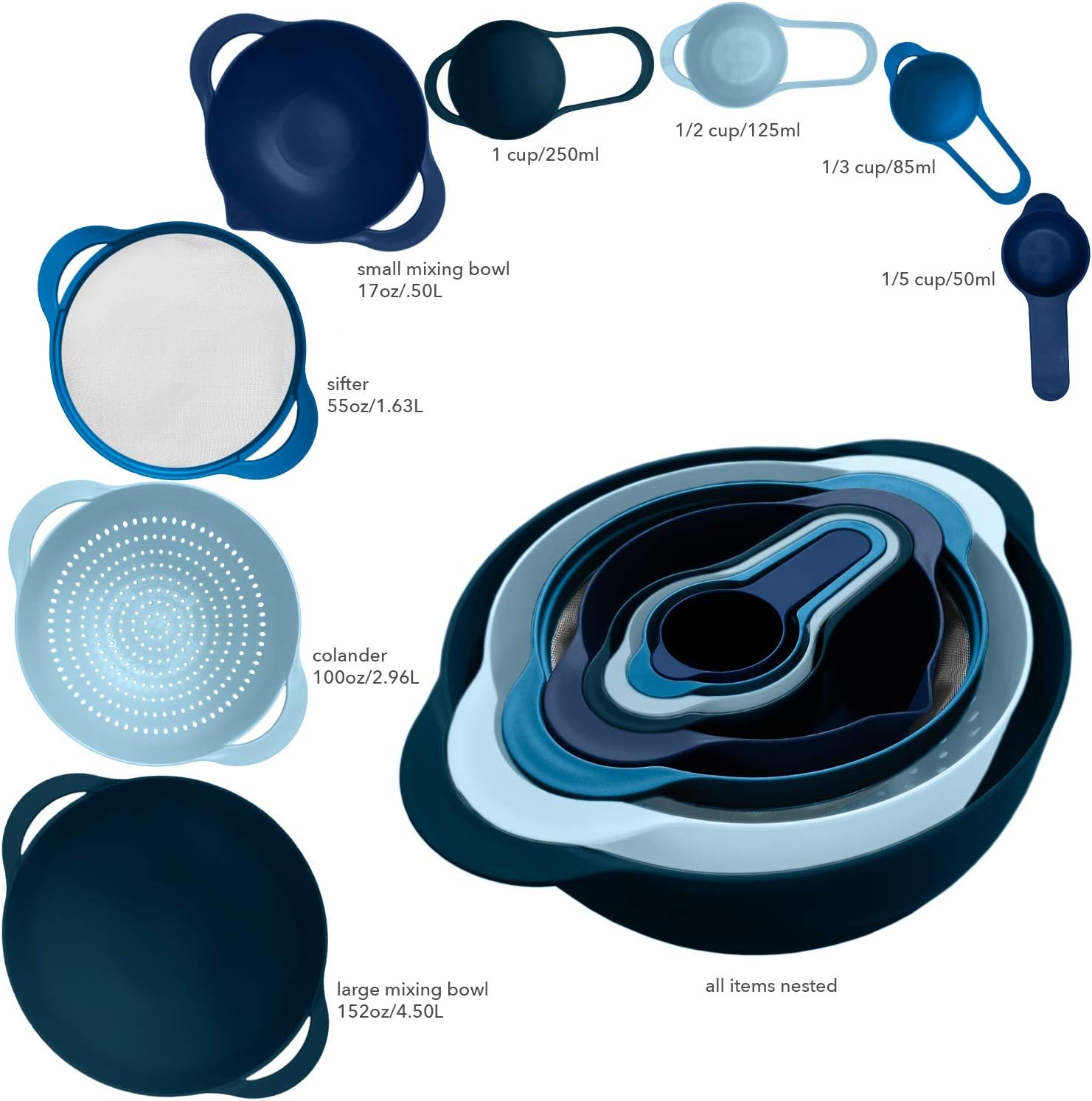 edge Mixing Bowls and Measuring Cup Nesting Set, 8 Pieces, 2 Mixing Bowls 4 Measuring Cups 1 Colander and 1 Sifter, Navy Blue