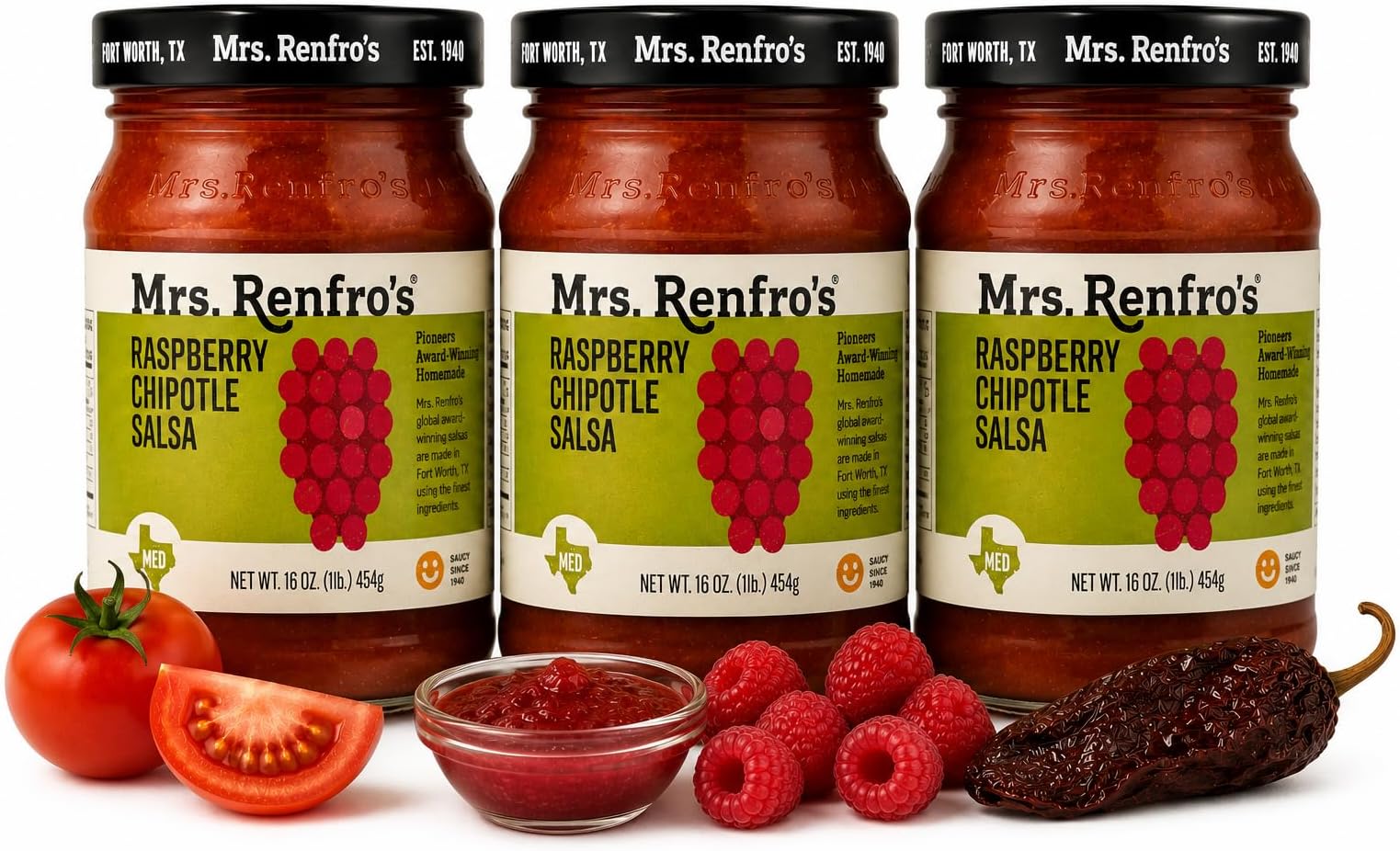 Raspberry Chipotle Salsa, 16 oz Jars (Pack of 3) – Gluten Free Sweet & Smoky Gourmet Salsa with Raspberries & Chipotle Peppers – Perfect for Tortilla Chips, Grilled Chicken, Pork, Fish & Appetizers