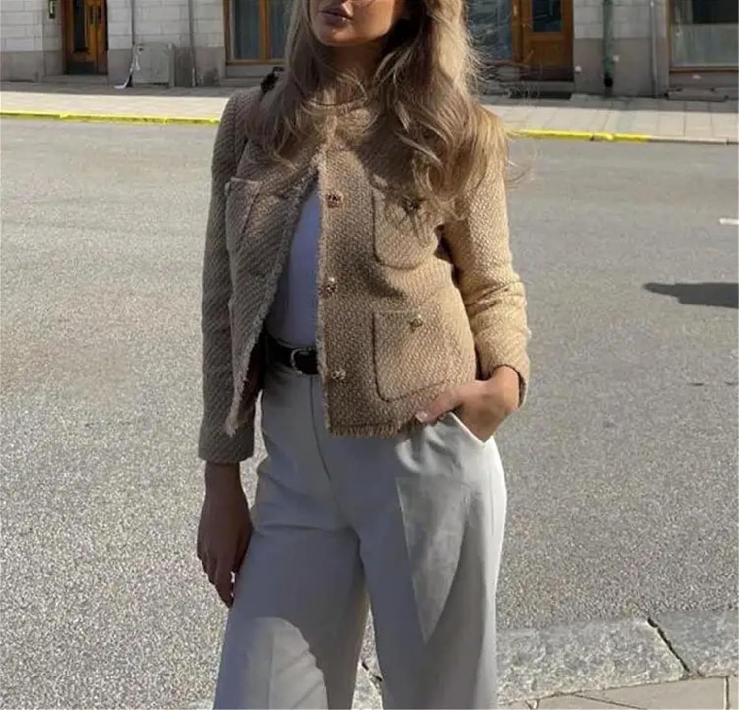 Kelsiop Women's Tweed Jacket Autumn Long Sleeve Button Frayed Short Jacket Fashionable O-Neck Pocket Short Jacket