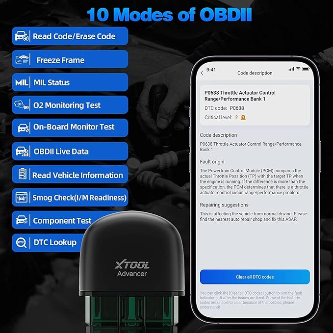 XTOOL Advancer AD20 OBD2 Scanner Check Engine Light Diagnostic Scan Tool for iPhone/Android, OBDII Scanner for Car, Mode 6, Live Data, Freeze Frame, Performance/Voltage Test
