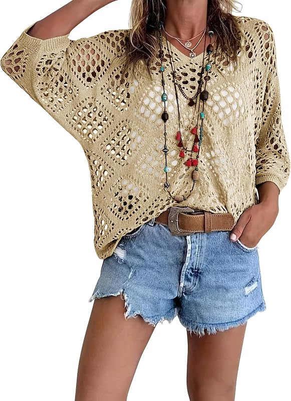 Fisoew Womens Crochet Cover Up Tops Summer Short Sleeve Hollow Out Sweater Shirts Boho Beach Swimsuit Coverups