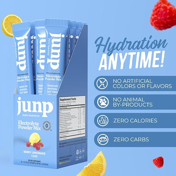 JUNP Sugar Free Electrolytes Powder Packets for Water Instant Hydration Packets with Salt & Potassium, Zero Calorie No Carbs No Sugar Electrolyte Drink Mix Sticks, Keto Friendly Berry Lemonade, 20 ct