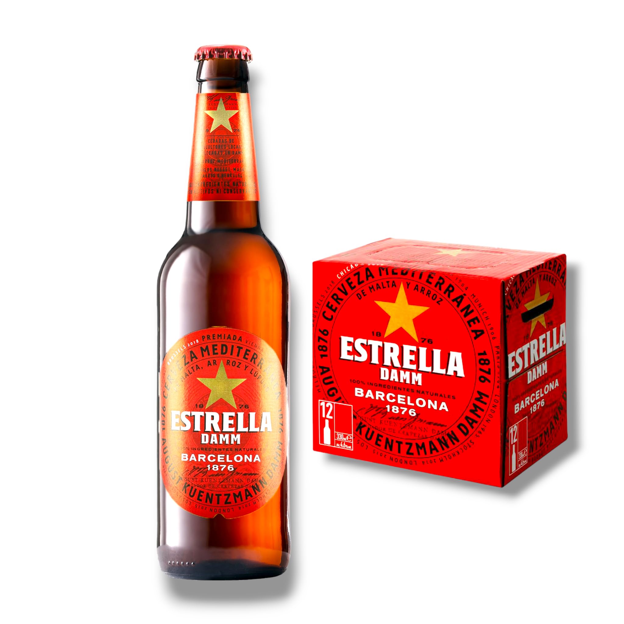 Estrella Damm 12 x 0,33l - das beliebteste Bier der Katalanen mit 5,4% Vol. - Spanisches Pils- Inklusive Haus der Biere Berlin Bierdeckel