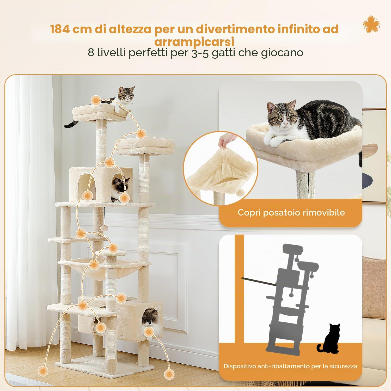 PAWZ Road Tiragraffi per gatti di grandi dimensioni, 184 cm, torre grande con tiragraffi e cuscinetti rivestiti in sisal, 2 posatoi imbottiti, doppio condominio e cestino per gatti da interni, beige