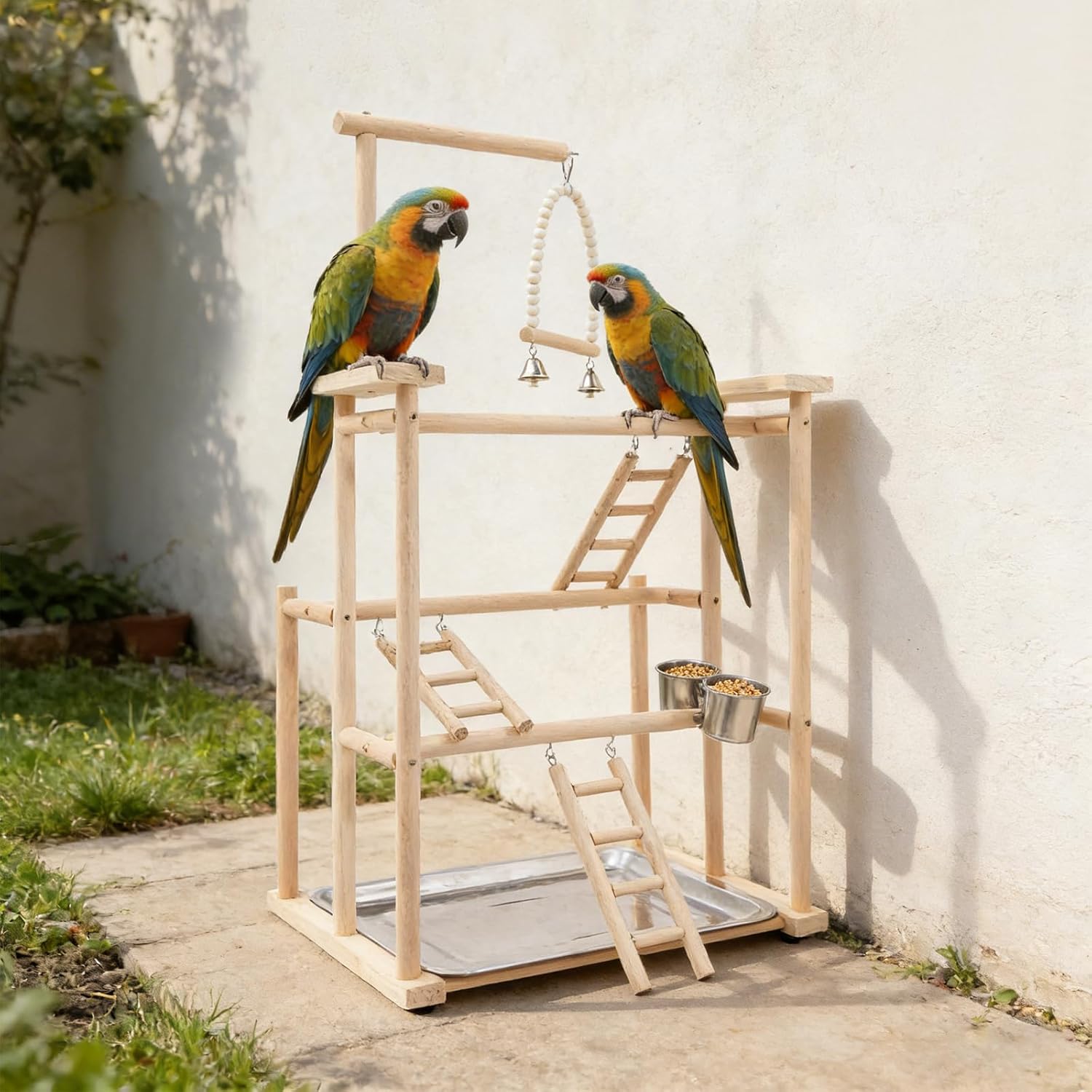 31" Parrot Stand, Bird Playstand with Feeding Cups, Stainless Steel Tray, Wood Bird Perch Gym with Wooden Perches, Swing & Ladder for Parrots, Parakeets, Cockatiels, Small Birds