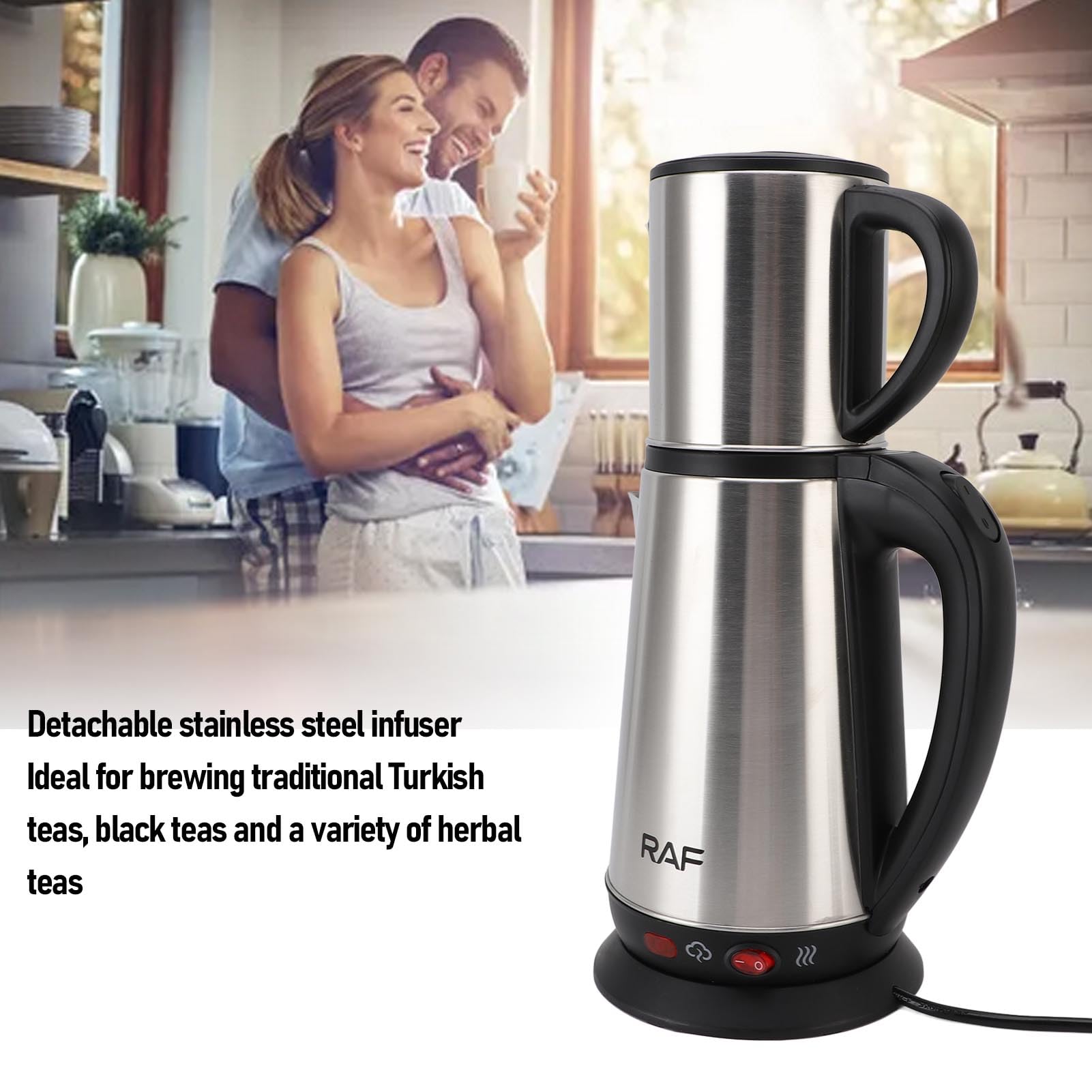ASHATA Set de Tetera Turca de Acero Inoxidable, Tetera Turca con Infusor y Tapa, 1L y 2L Creador de té de té, Parte de Calefacción Oculta, hasta 12 Tazas, para Casa (Enchufe de la UE 220V)