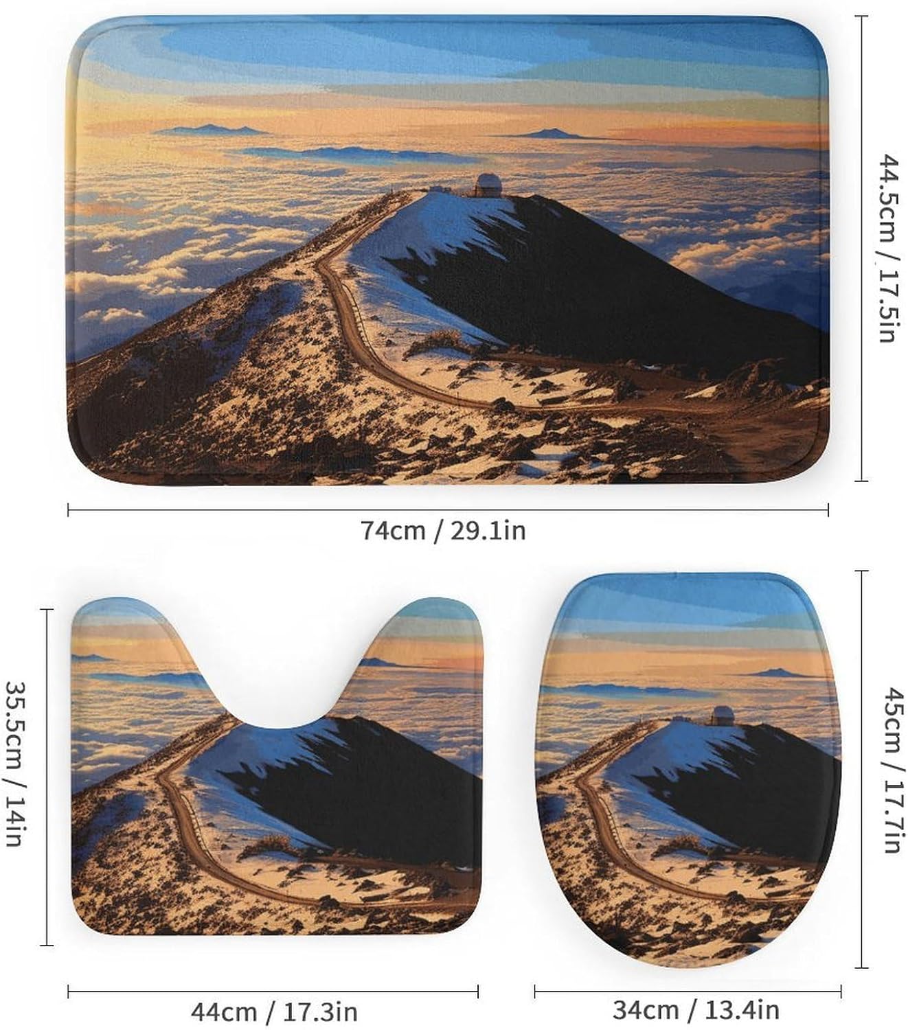 Mauna Kea Summit Sunset Shower Curtain Set 4 Piece, Non-Slip Bath Mat with Toilet Lid Cover and Waterproof Shower Curtain with 12 Hooks, Complete Bathroom Set for Home Decor